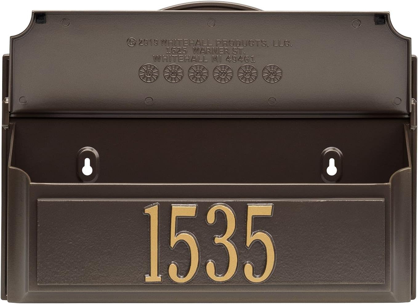 Whitehall Custom Wall Mount Mailbox Package - Mail Box, House Number Address Plaque and Monogram, Sand Cast Aluminum, Classic Design Bronze Personalized in Goldtone