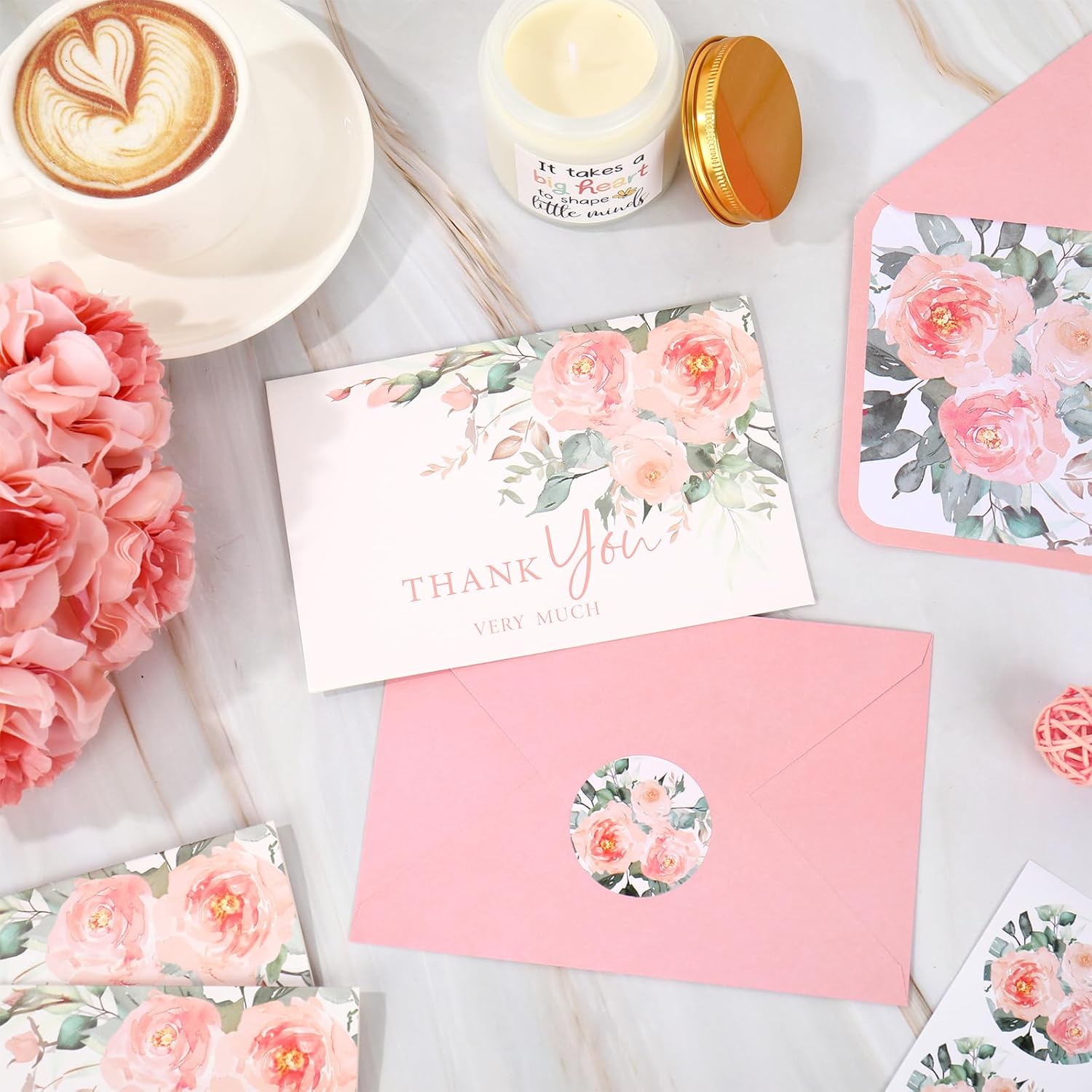 Whaline 36Pcs Dusty Peach Floral Thank You Cards Blush Pink Flower Greeting Card with Envelopes Stickers Watercolor Blank Note Card for Spring Summer Bridal Baby Shower - Image 3