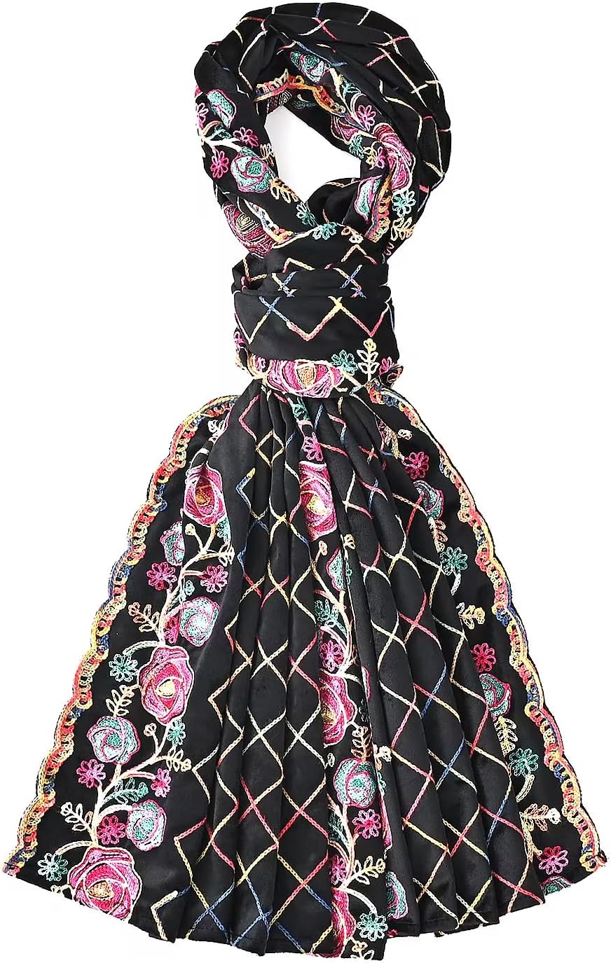 Black Rose Floral Embroidered Polyester Scarf - One Size