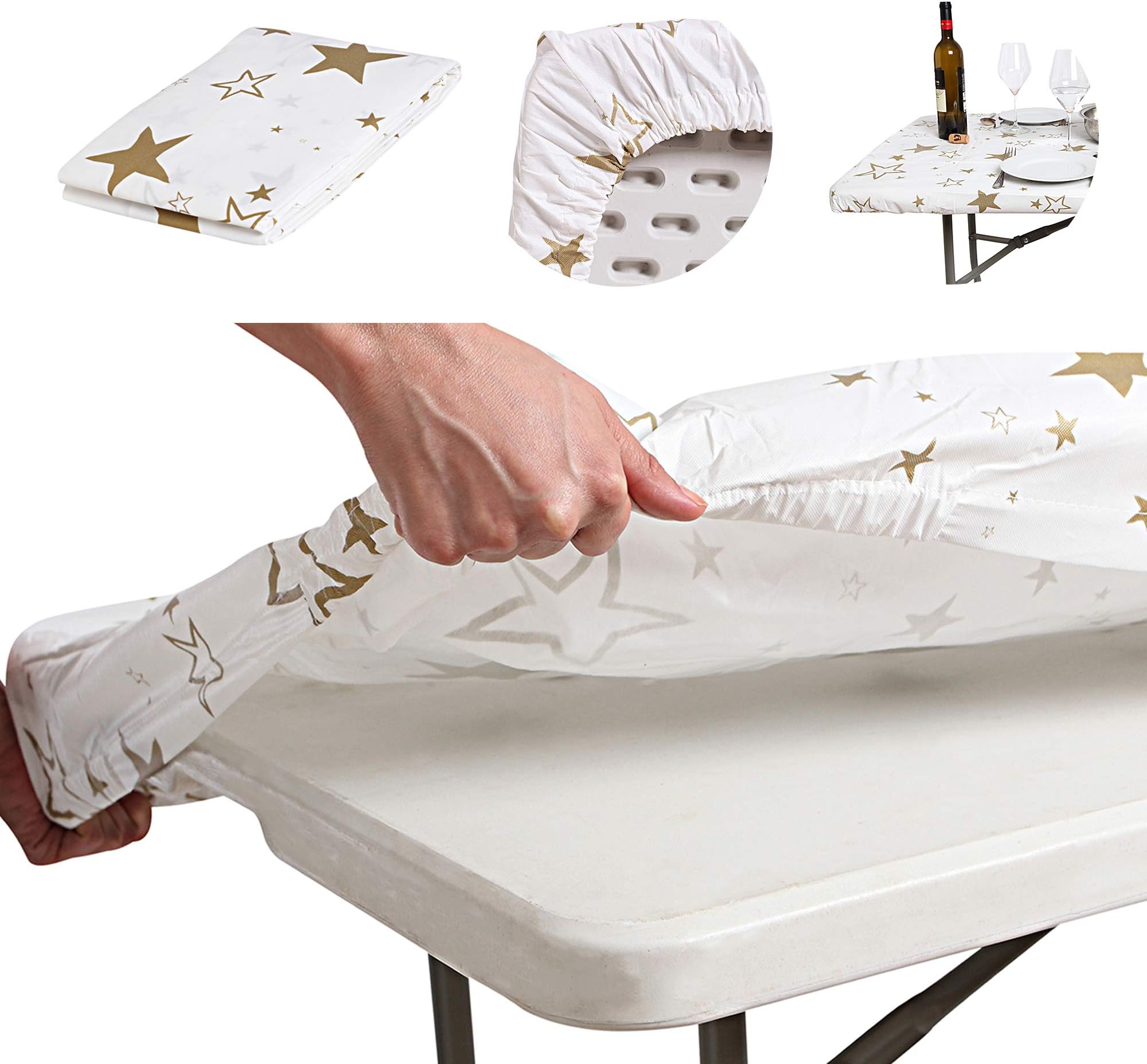 ATK ESSENTIAL PRODUCTS Waterproof Plastic Fitted/Stay Put Table Cloths/Covers With Elastic Rim for Christmas|Outdoor| Parties. Fits 6 ft. Folding Trestle Tables Size: 30" x 72". (EXPLOSIVE GOLD STAR)