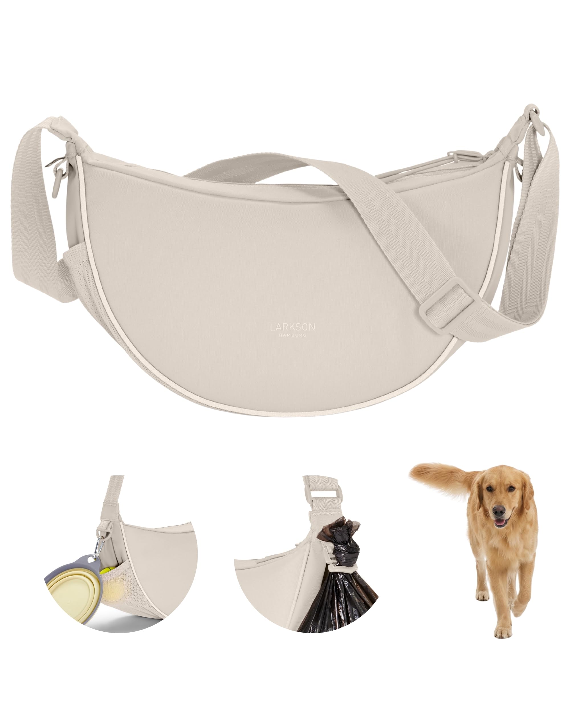 LARKSON Half Moon Bag Borsa per Cani Beige - Fiete - Sacchetti per Addestramento Cani - Tasca Porta Snack con Dispenser di Sacchetti per i Bisogni - Borsa Riflettente per Passeggiate - Idrorepellente