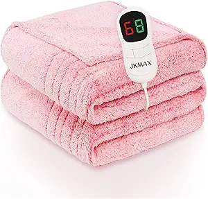 JKMAX Heated Electric Blanket Queen Size - 84"x90" Flannel Heating Blanket with 10 Heating Levels & 5 Time Settings Over-Heat Protection, Winter Warmer for Adults with ETL Certification(Pink)