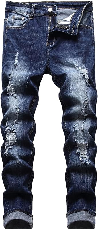 Men's Slim Fit Stretch Jeans Ripped Skinny for Men, Distressed Destroyed Straight Leg Fashion Comfort Flex Waist Jeans, Teenager Casual Fashion Designer Classic Regular Fit Basic Denim Pants