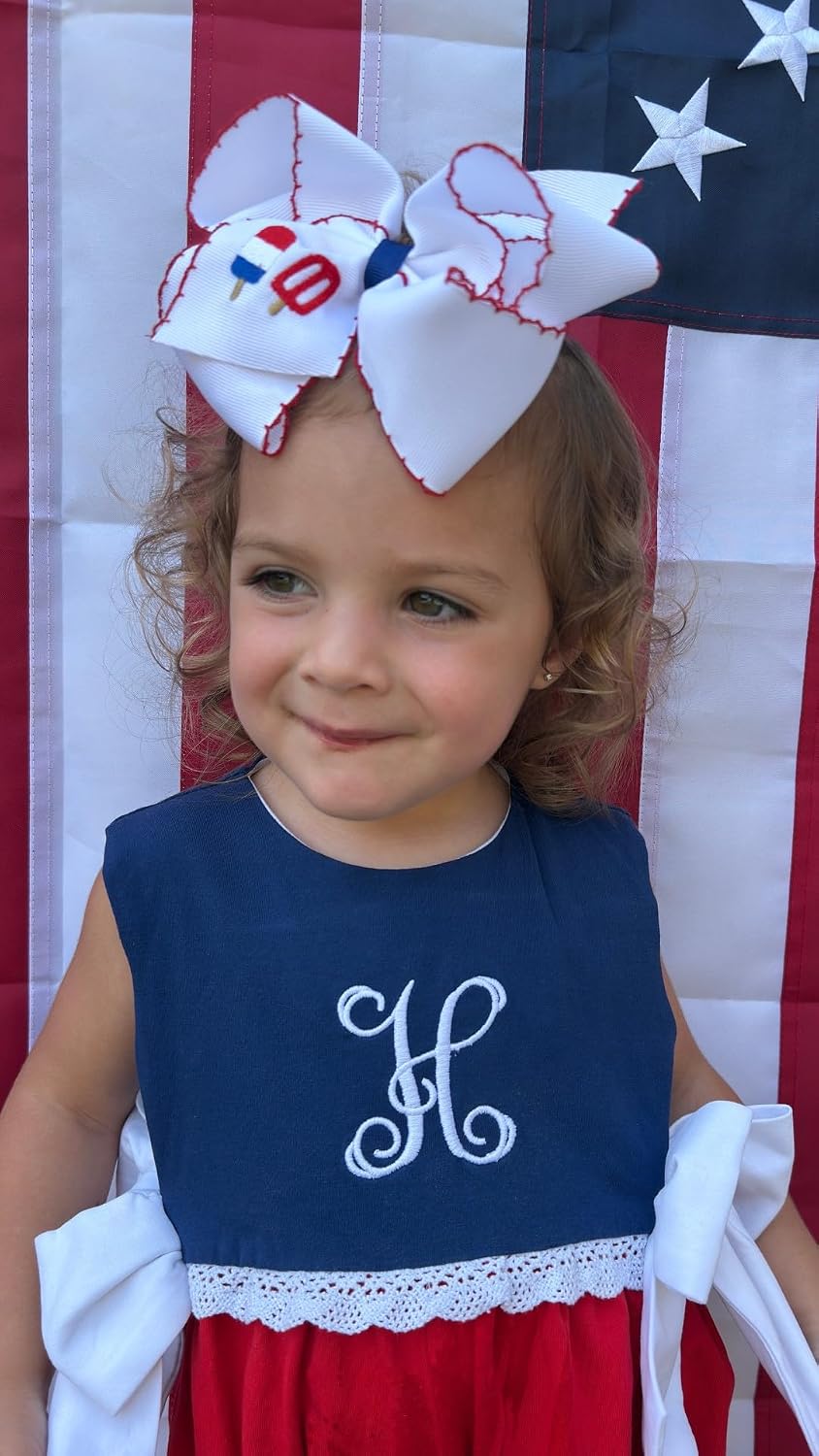 Wee Ones Girls' Grosgrain Hair Bow with Moonstitch Edge and Patriotic Popsicle Embroidery, King