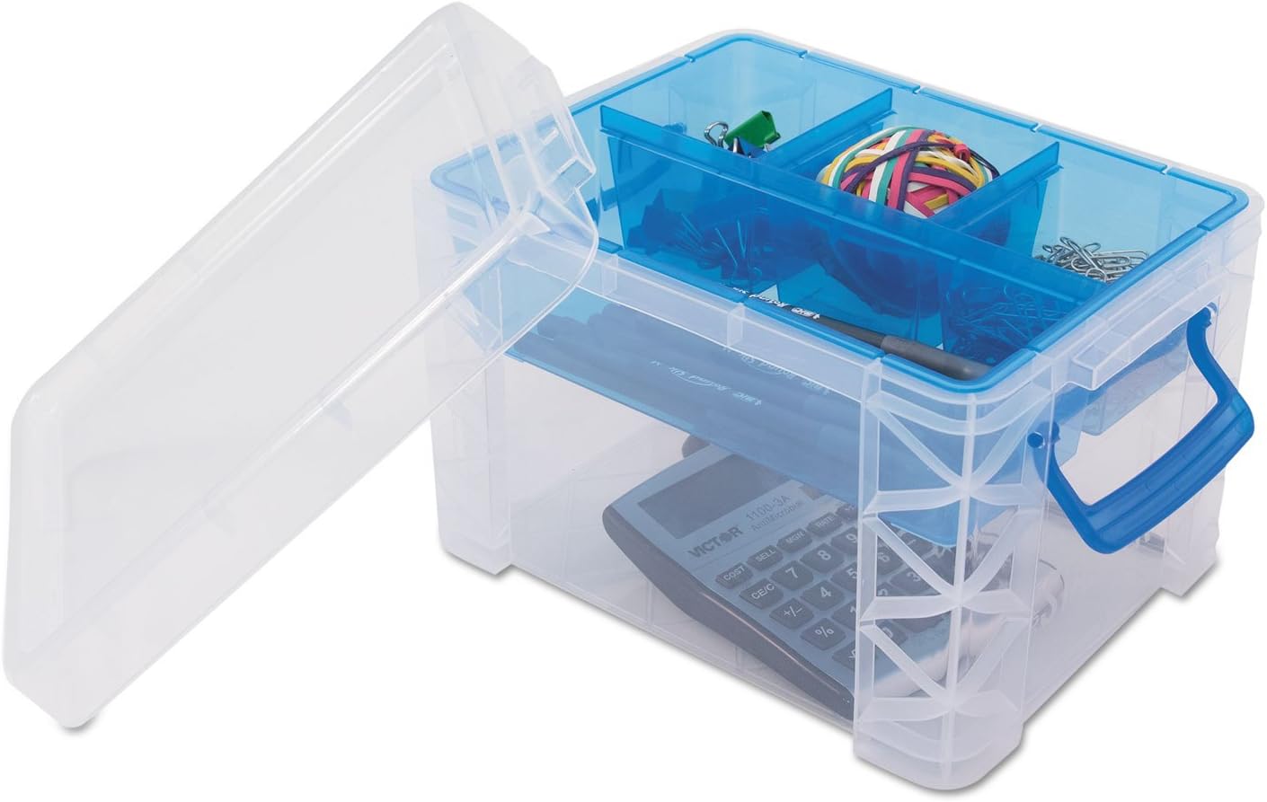 Super Stacker Advantus 37375 Divided Storage Box, Clear w/Blue Tray/Handles, 7 1/2 x 10.12x6.5