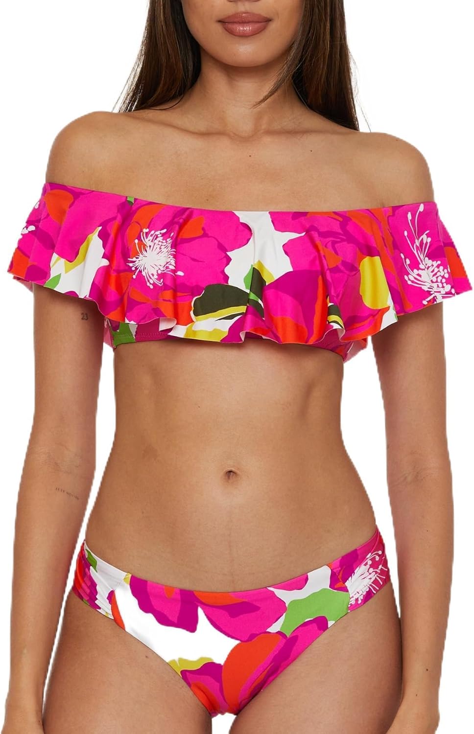 Trina Turk Women's Bloom Ruffle Bandeau Bikini Top, Off Shoulder, Floral Print, Swimwear Separates for Women