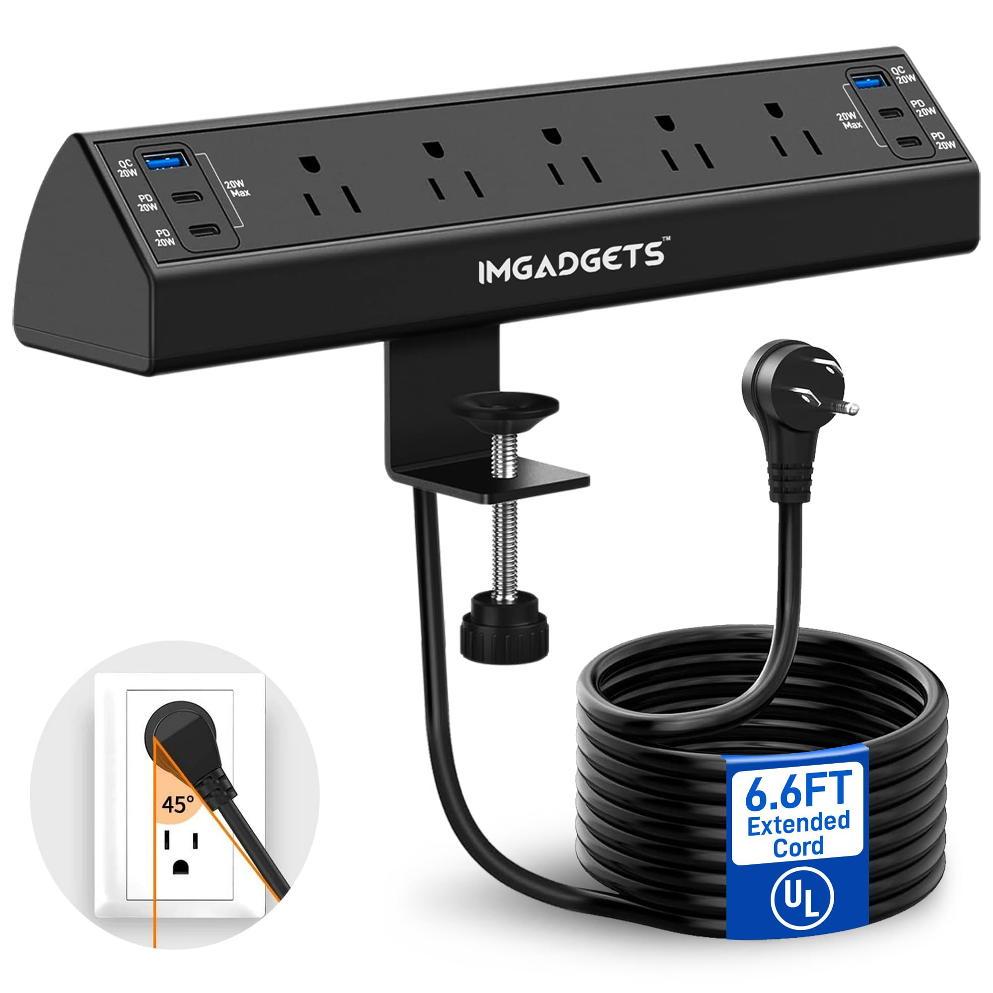 IMGadgets Surge Protector Desk Clamp Power Strip with 5 AC outlets, 6 USB Ports (2 USB-A, 4 USB-C), 20W Fast Charging, 6.6ft Cord, and 45° Flat Plug!