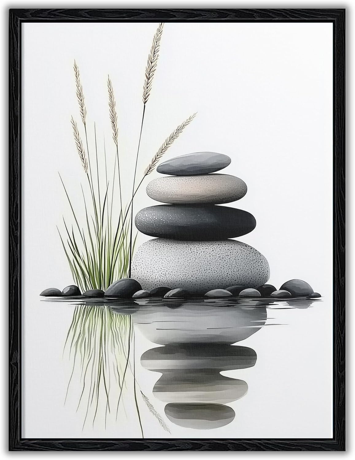 Serene Zen Stacked Stones with Water Reflection Canvas Wall Art - Cozy Modern Minimalist Spa Decor for Bathroom Bedroom Living Room - HD Waterproof Premium Stretched Framed Ready to Hang 12x16 Inches
