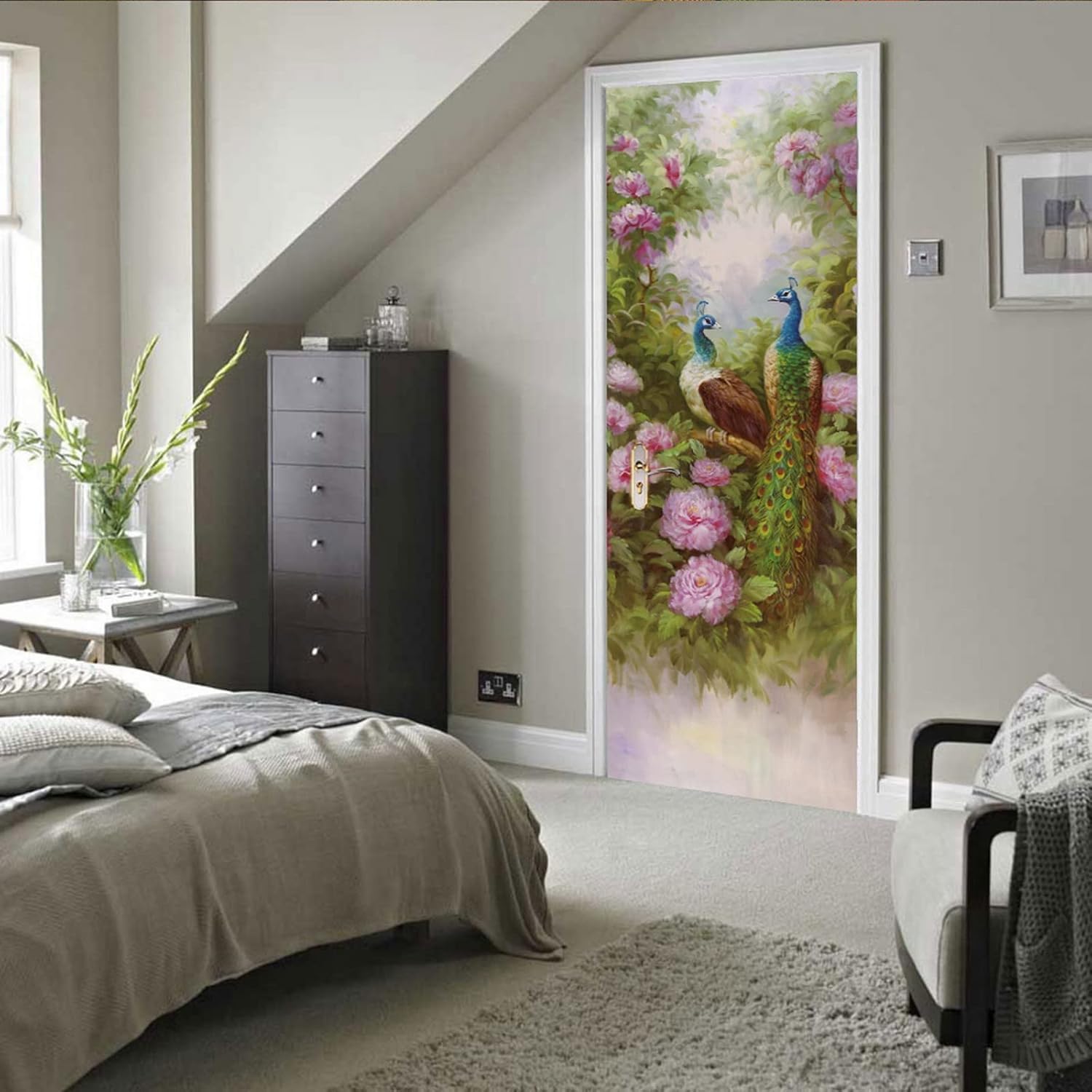 A.Monamour 3D Door Stickers for Interior Doors Watercolor Two Peacocks Sitting Among Pink Flowers Vinyl Removable Self Adhesive Door Poster Wallpaper Mural Decals for Bedroom Office Bathroom 95x215cm