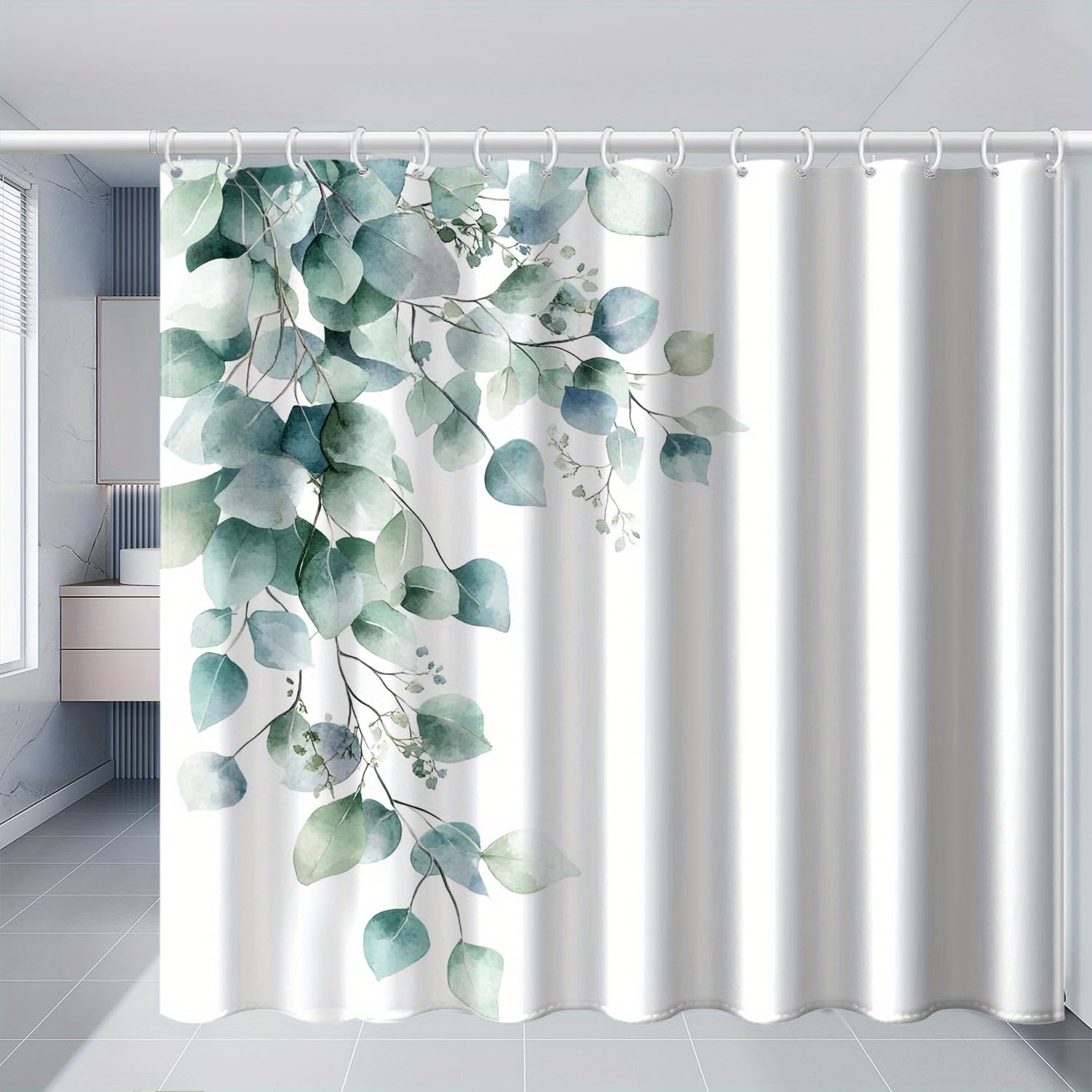 Uiyiui Multicolor-2 Eucalyptus Leaf Shower Curtain 72X72in/182X182cm/Wxh Watercolor Design With Green Leaves & White Flowers Polyester Fabric Bathroom Curtains For Home Hotel Bathroom Decor With Hooks