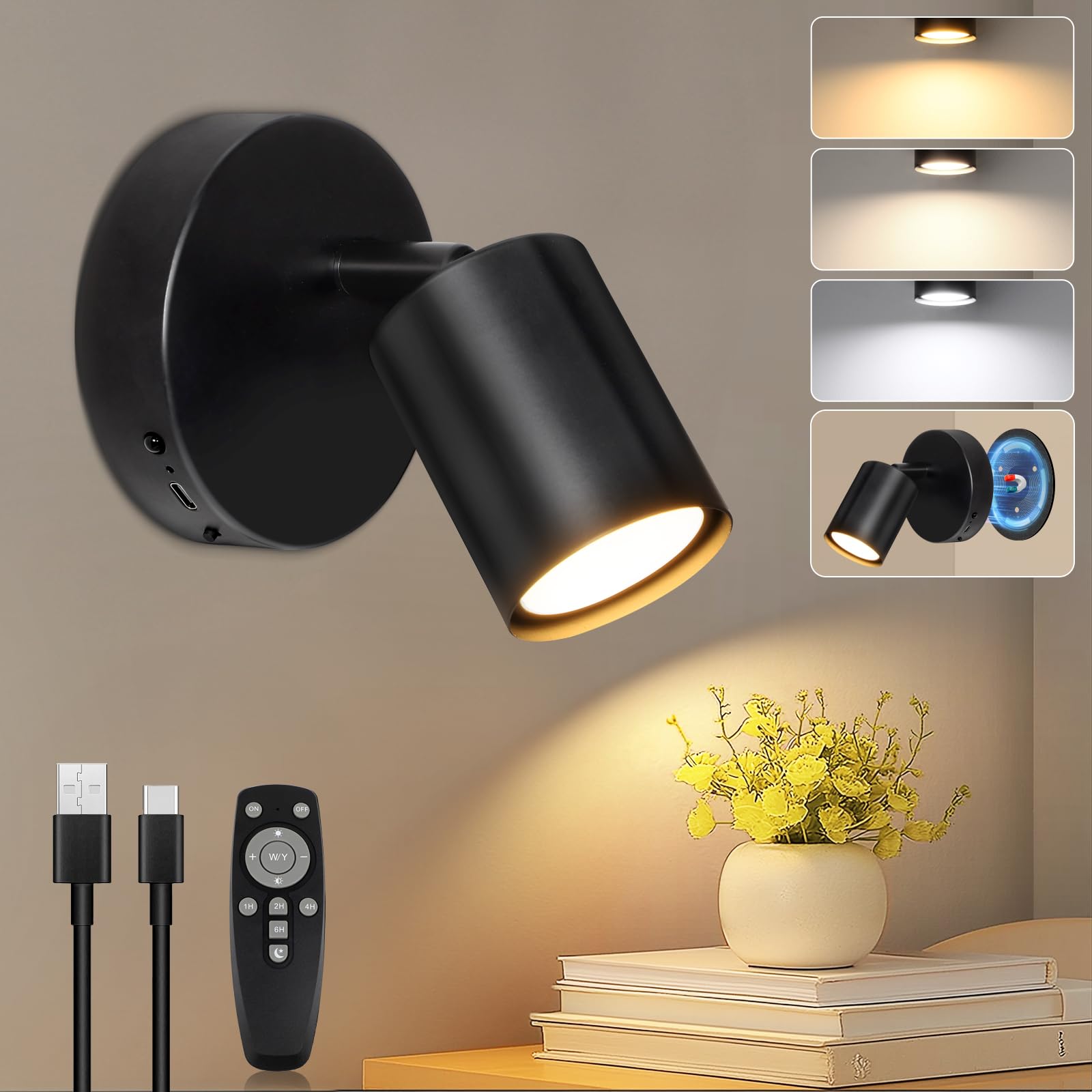 Ketom Rotatable Rechargeable Wall Lights Black, Stick on Wall Lights Indoor, Battery Operated Magnetic Light with Remote, 3 Color Temperatures, Dimming, Timer Function, Wireless Sconce for Corridor