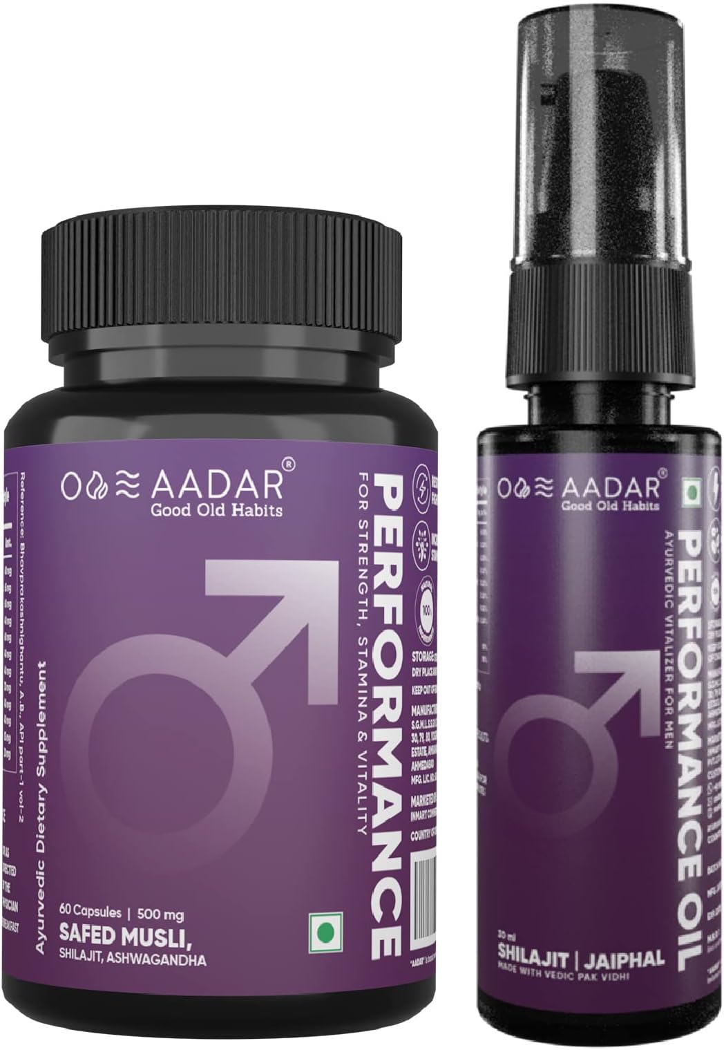 Aadar Performance Oil & Capsule Combo Pack | Ayurvedic Strength, Energy Booster for Men | Restores energy in Men | Safed Musli, Ashwagandha,Shilajit, Gokshura | 60 Capsules and 30ml