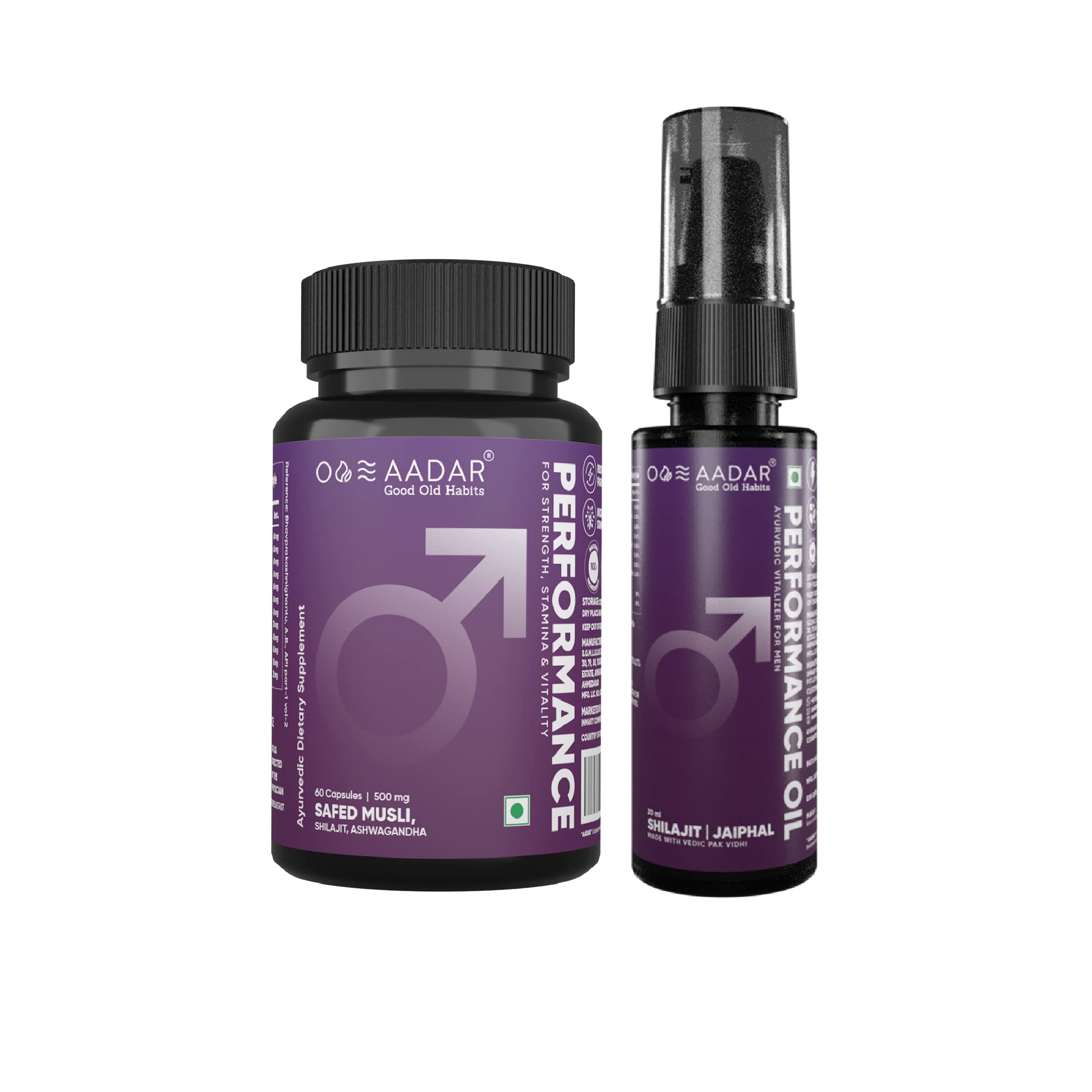 Aadar Performance Oil & Capsule Combo Pack | Ayurvedic Strength, Energy Booster for Men | Restores energy in Men | Safed Musli, Ashwagandha,Shilajit, Gokshura | 60 Capsules and 30ml
