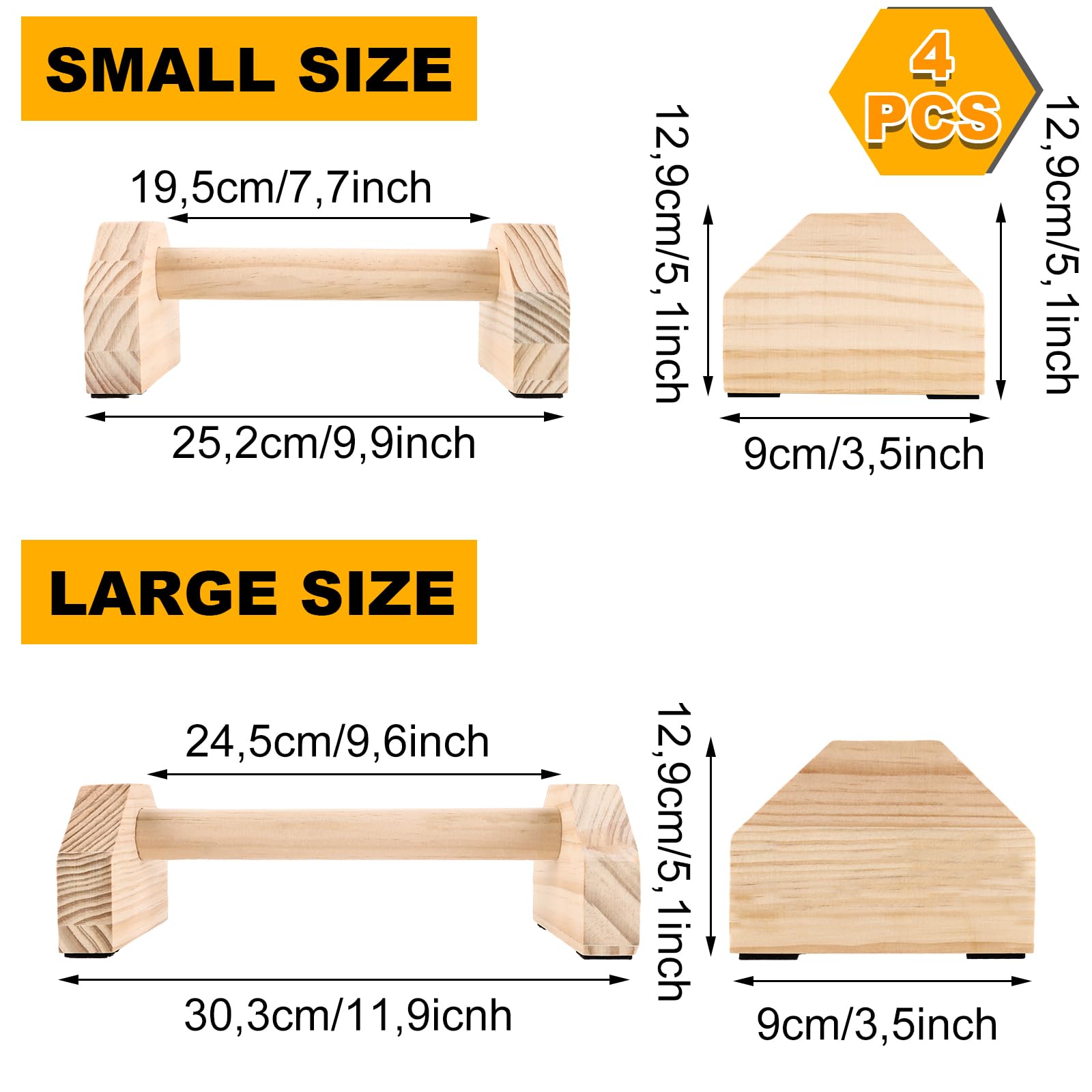 4er Set Liegestützgriffe Holz, Handstand Stütze, Push Up Bars Holz Parallettes für Handstand, Liegestütze (25 CM + 30 CM)