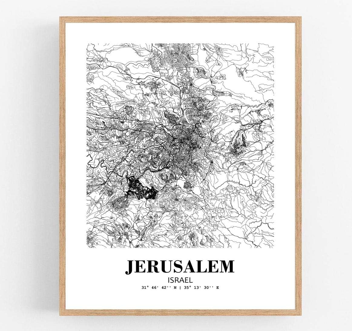 Eleville 8X10 Unframed Jerusalem Israel City View Abstract Road Modern Map Art Print Poster Wall Office Home Decor Minimalist Line Art Hometown Housewarming wgn356