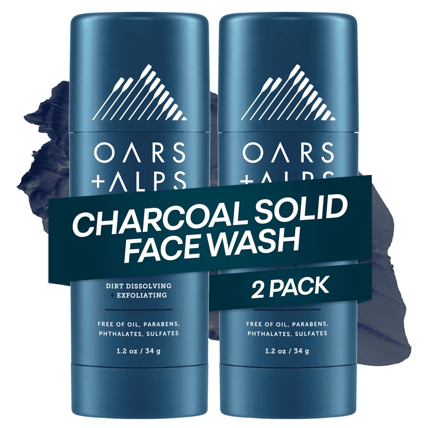 Oars + Alps Face Wash with Activated Charcoal, Exfoliating Facial Cleanser, Cleansing, Refreshing, TSA Friendly, 1.2 Oz, 2PK
