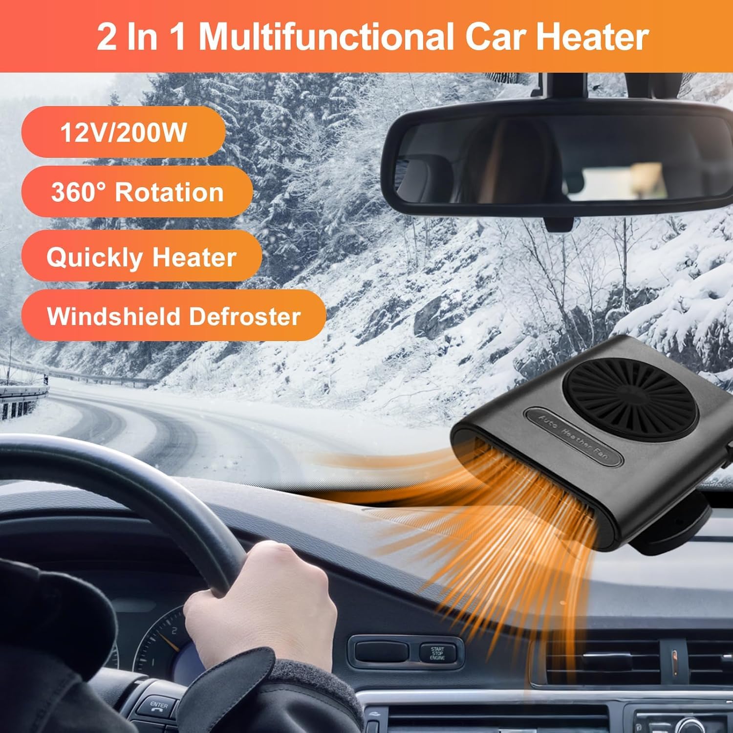 Riscaldatore per auto, sbrinatore portatile per parabrezza da 12V 200W, riscaldatore per parabrezza per auto 2 in 1 per un riscaldamento rapido, che può essere collegato all'accendisigari dell'auto