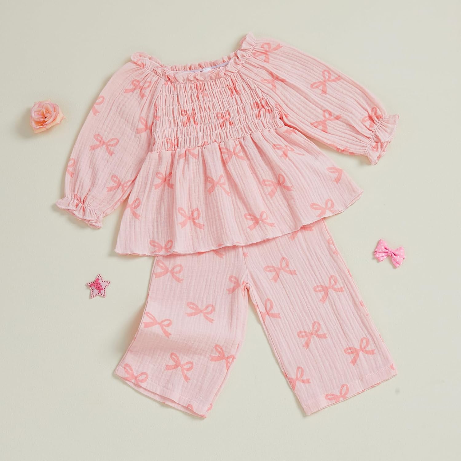 Baby Girl Cotton Linen Clothes Bow Flower Print Ruffle Long Sleeve Smocked Shirt Top Wide Leg Pants 2Pcs Fall Clothes - Image 6
