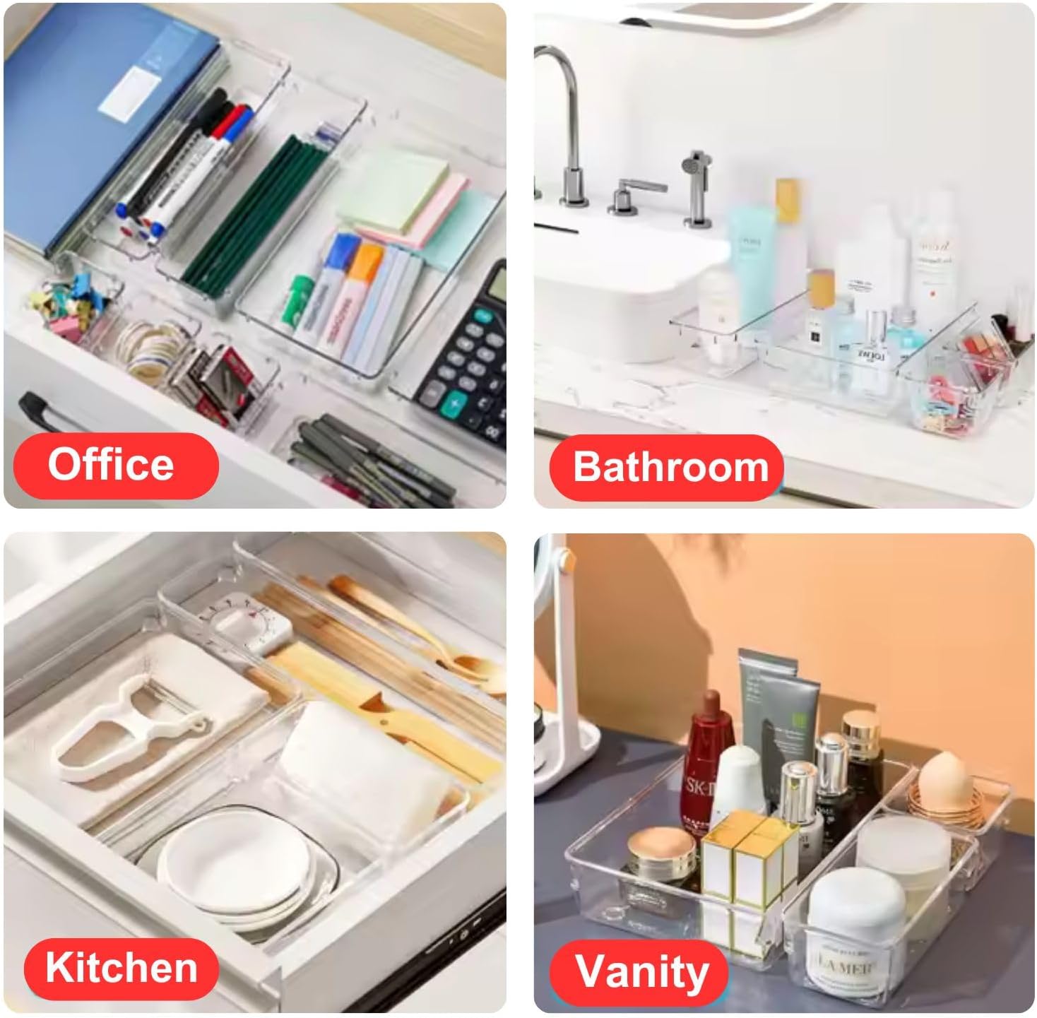 18Pcs Transparent Drawer Organizer, Versatile Bathroom and Vanity Organiser, Storage Bins for Makeup Cosmetics,Jewellery,Kitchen,Bathroom,Bedroom,Office,Gadgets
