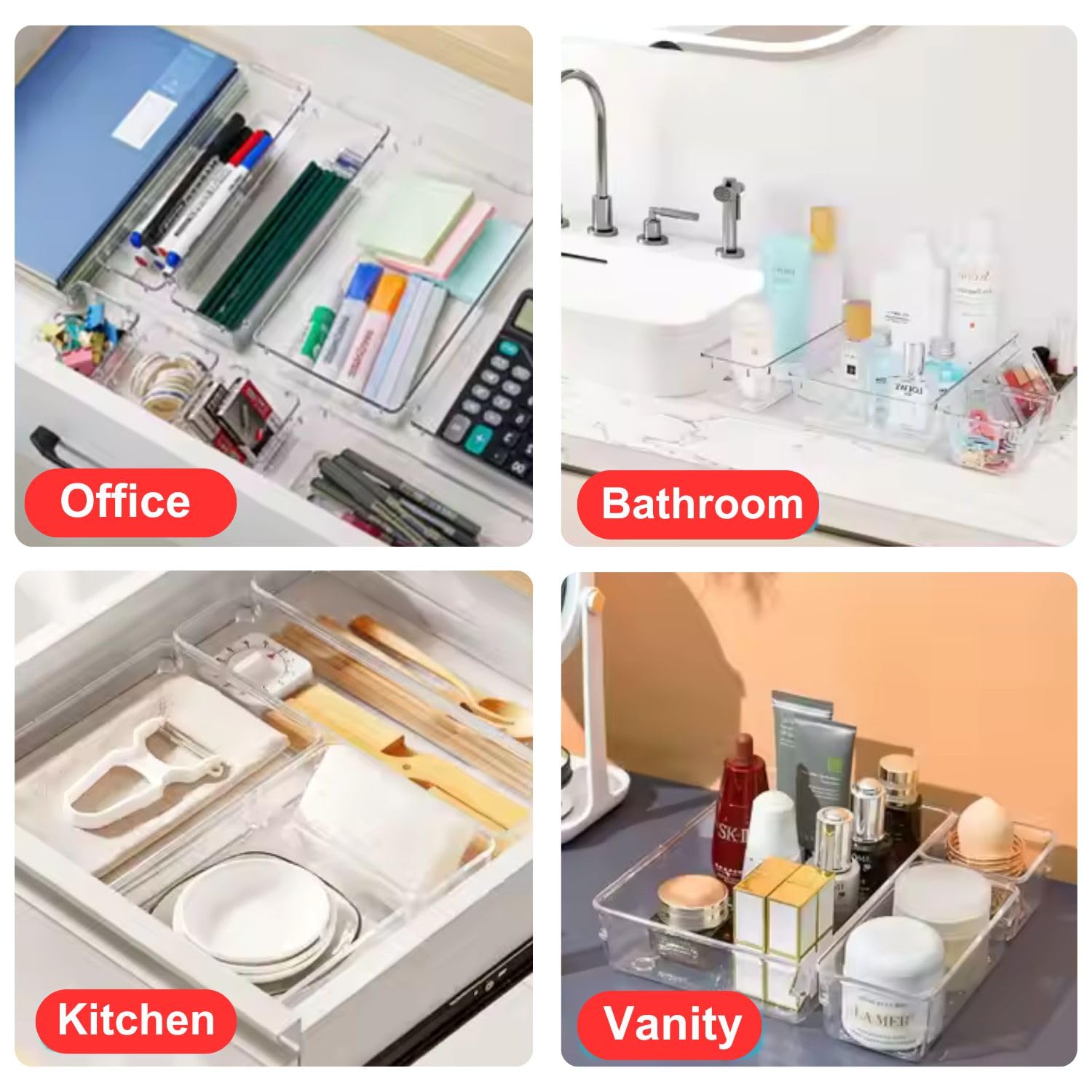 Aliensware 18Pcs Transparent Drawer Organizer, Versatile Bathroom and Vanity Organiser, Storage Bins for Makeup Cosmetics,Jewellery,Kitchen,Bathroom,Bedroom,Office,Gadgets 4