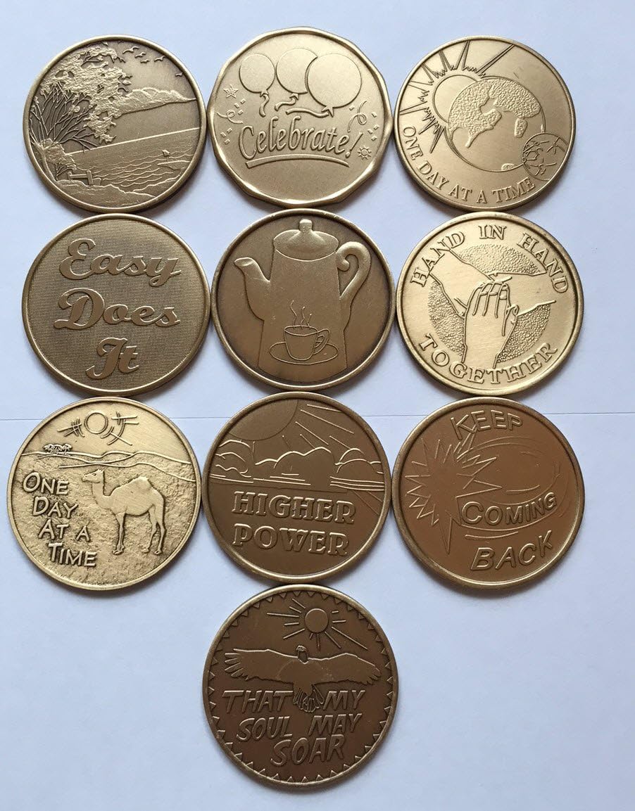 Sober-Sobriety-Serenity Set III (10 Total) Bronze AA (Alcoholics Anonymous) - Birthday / Anniversary / Recovery / Medallion / Coin / Chip