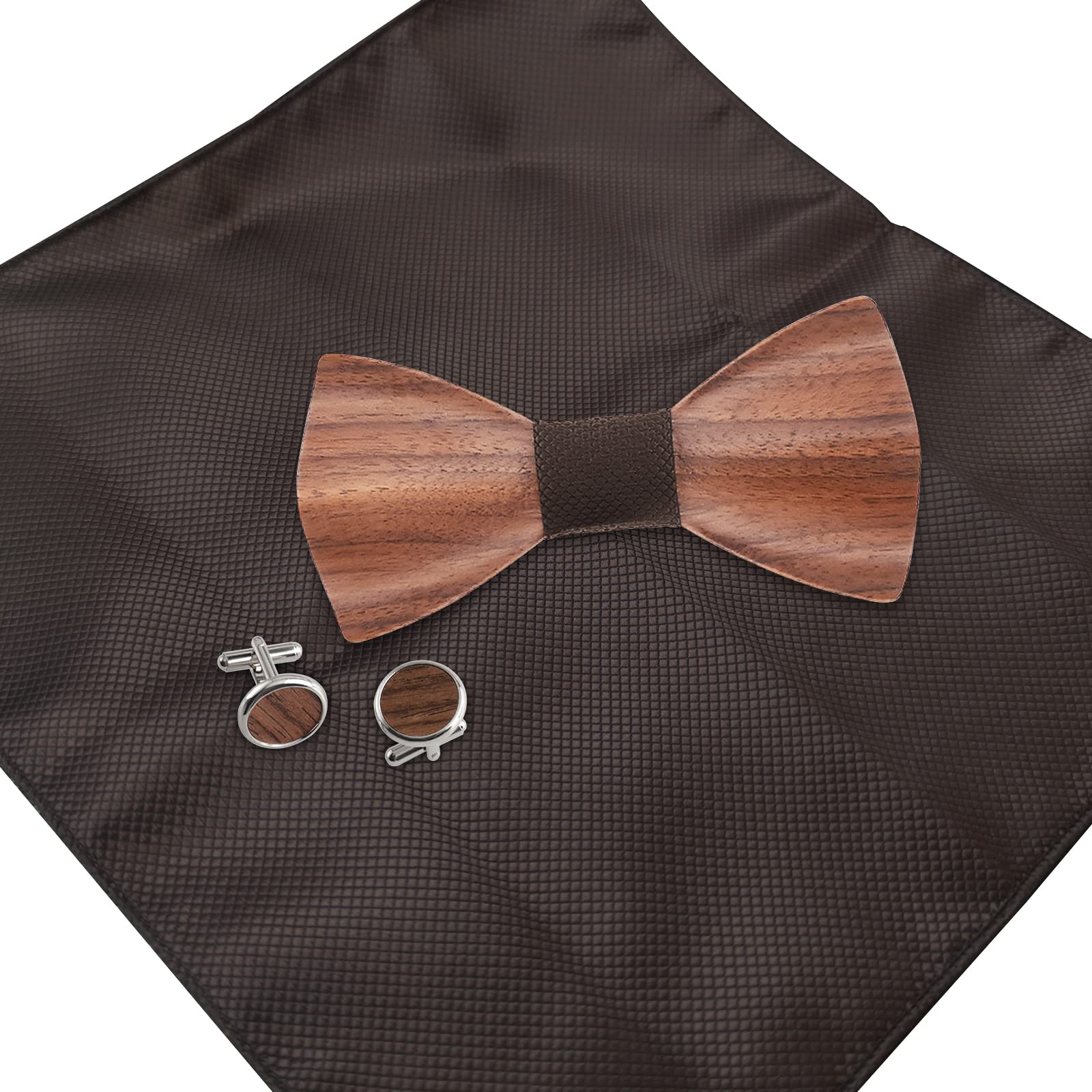 Mr.Van Noeud Papillon Bois pour Homme,Tour Bande Réglable, Style Classique Fait Main,Coffret en Bois (comprenant Boutons de Manchette,Mouchoir et noeud papillon) pour Mariage Soirée Business