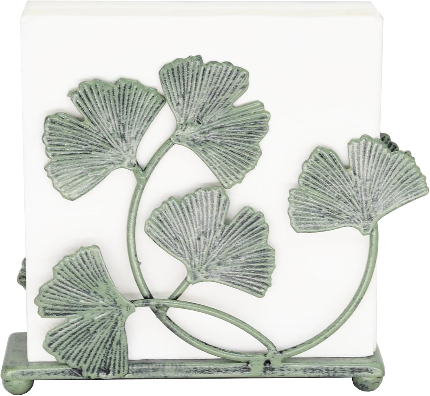 Owlgift Rustic Green Iron Ginkgo Leaf Napkin Holder for Table - 6x5.2 inch Decorative Metal Paper Napkin Rack - Vintage Mail Caddy & Bill Holder for Farmhouse Kitchen, Garden Parties, and Nature Decor