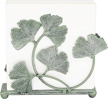 Owlgift Rustic Green Iron Ginkgo Leaf Napkin Holder for Table - 6x5.2 inch Decorative Metal Paper Napkin Rack - Vintage Mail Caddy & Bill Holder for Farmhouse Kitchen, Garden Parties, and Nature Decor