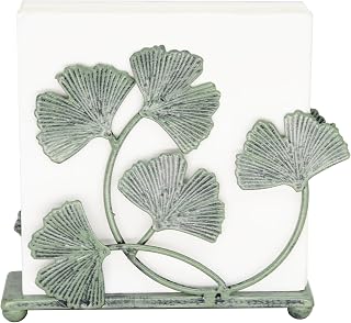 Owlgift Rustic Green Iron Ginkgo Leaf Napkin Holder for Table - 6x5.2 inch Decorative Metal Paper Napkin Rack - Vintage Mail Caddy & Bill Holder for Farmhouse Kitchen, Garden Parties, and Nature Decor