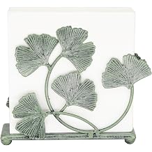 Owlgift Rustic Green Iron Ginkgo Leaf Napkin Holder for Table - 6x5.2 inch Decorative Metal Paper Napkin Rack - Vintage Mail Caddy & Bill Holder for Farmhouse Kitchen, Garden Parties, and Nature Decor
