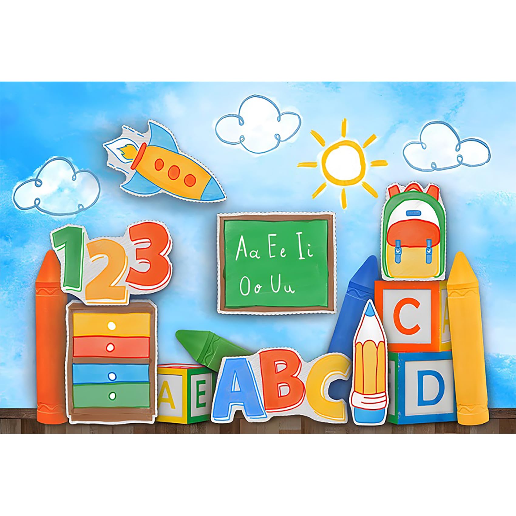 Baocicco 10x8ft Cartoon Kindergarten Backdrops for Photography Number 123 Blackboard School Bag Rocket Pencils Crayons Sun Photography Background Back