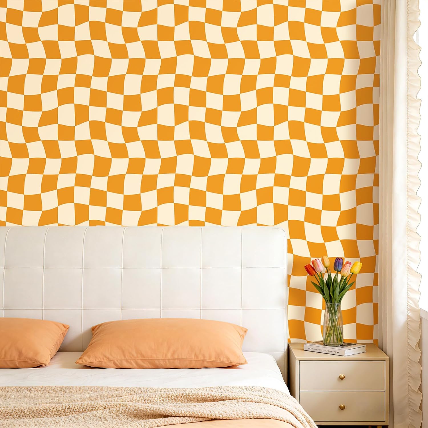 YENHOME Retro Groovy Checkered Wallpaper Peel and Stick 17.5" X10ft 70s Orange Wavy Checkerboard Aesthetic Self Adhesive Removable Vinyl for Bedroom Accent Wall Living Room Kids Room Study Cabinet