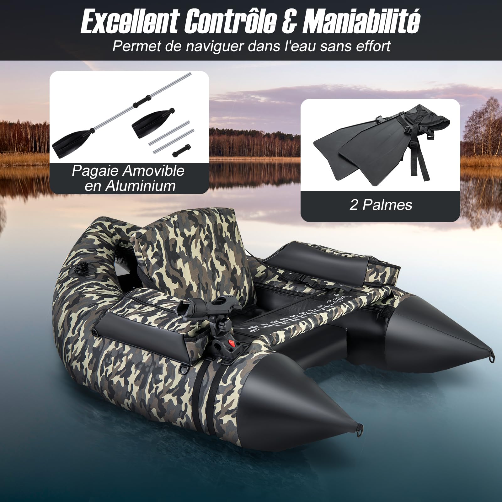 GOPLUS Barco de Pesca Inflable, Barca Hinchable con Respaldo y Correas Ajustables, Bomba Manual, Remo, Aletas, Soporte para Caña de Pescar, Regla de Peces, Almacenamiento, Carga 150 KG, Camuflaje