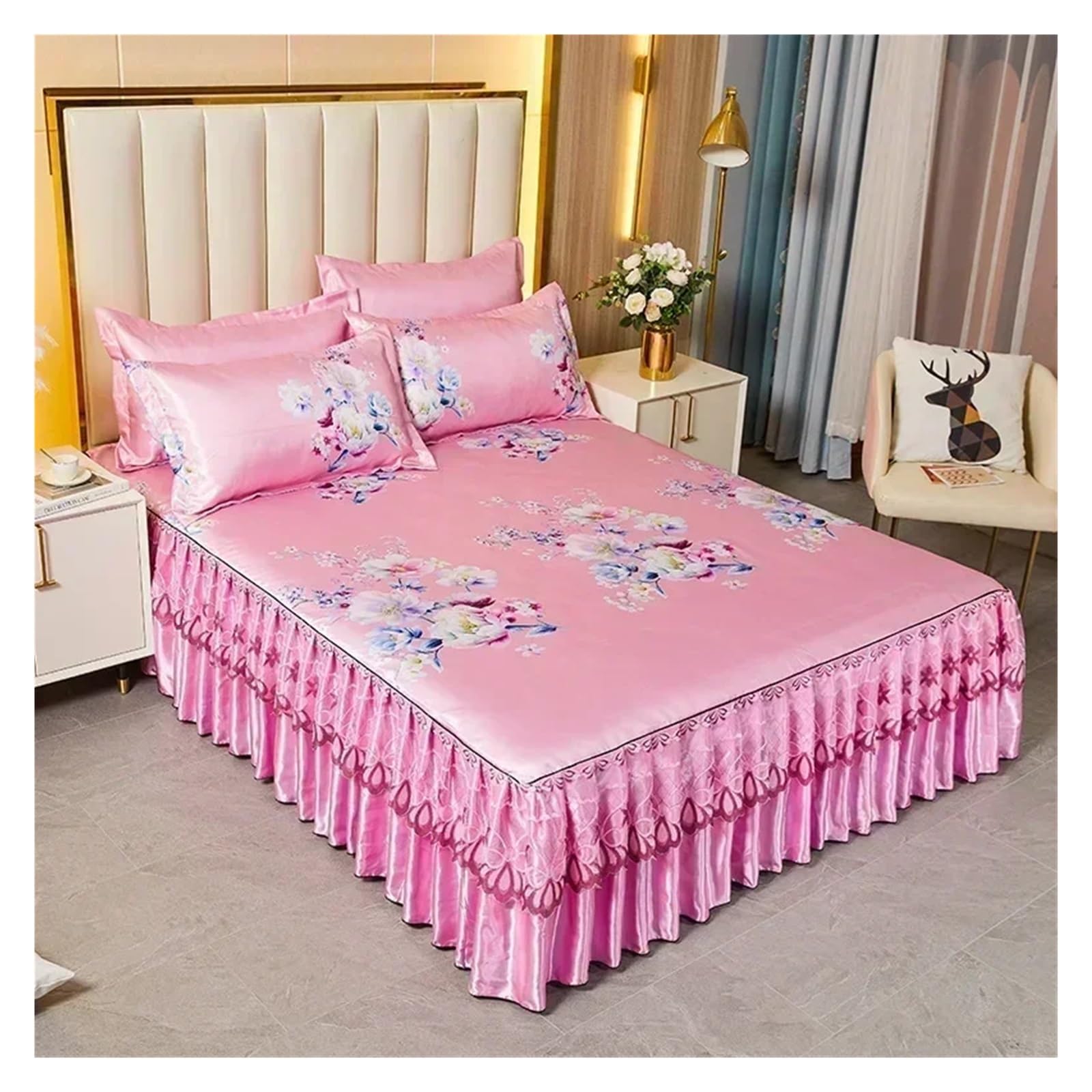 Bedding Set Folding Embroidered Sheets Bedding Bed Skirt King Queen Size Bed Sheet Set with Pillowcases(Color 12,3 pcs 180x200cm)