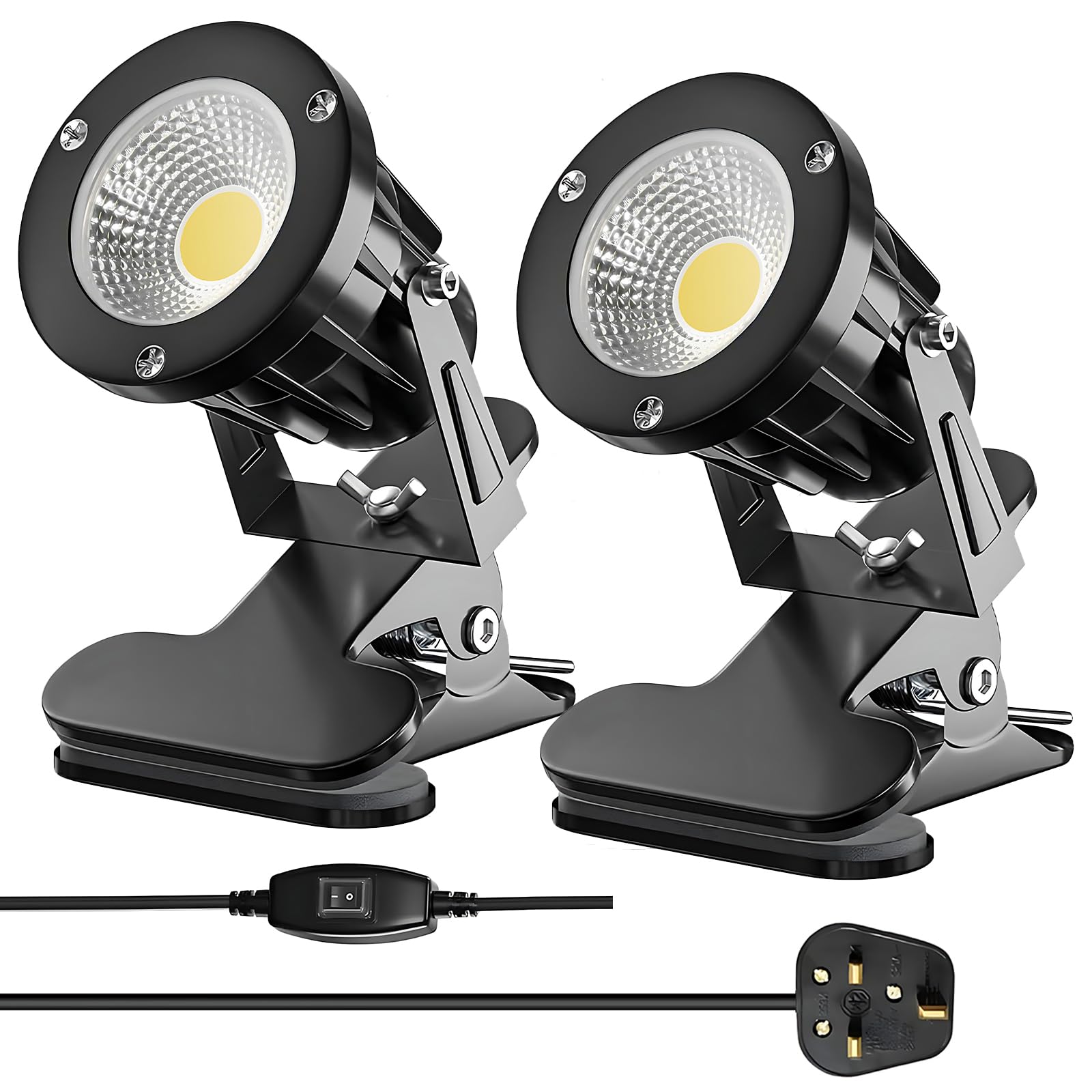 HomiShine LED Clip on Spot Light with On/Off Switch, IP65 Waterproof Plug in Spot Lights Plant Uplighters for Indoor Outdoor, 7W Clamp Lamp Garden Spotlight Mains Powered, 2M Cord, Warm White - 2Pack