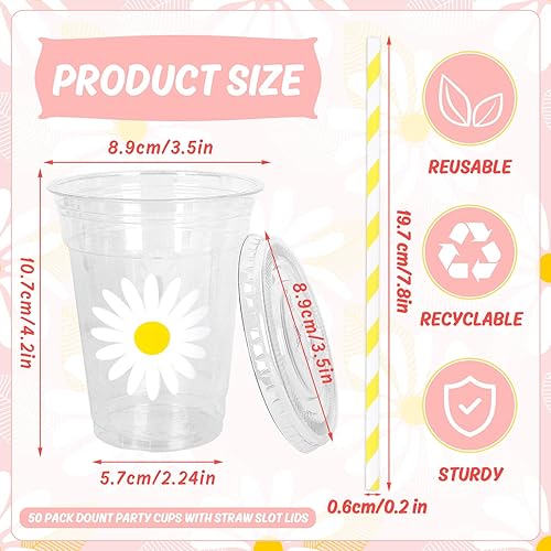 Miniatura 2 de Whaline 50 vasos de plástico desechables de margaritas con tapas y pajitas de 12 onzas para bebidas frías para boda, cumpleaños, baby shower