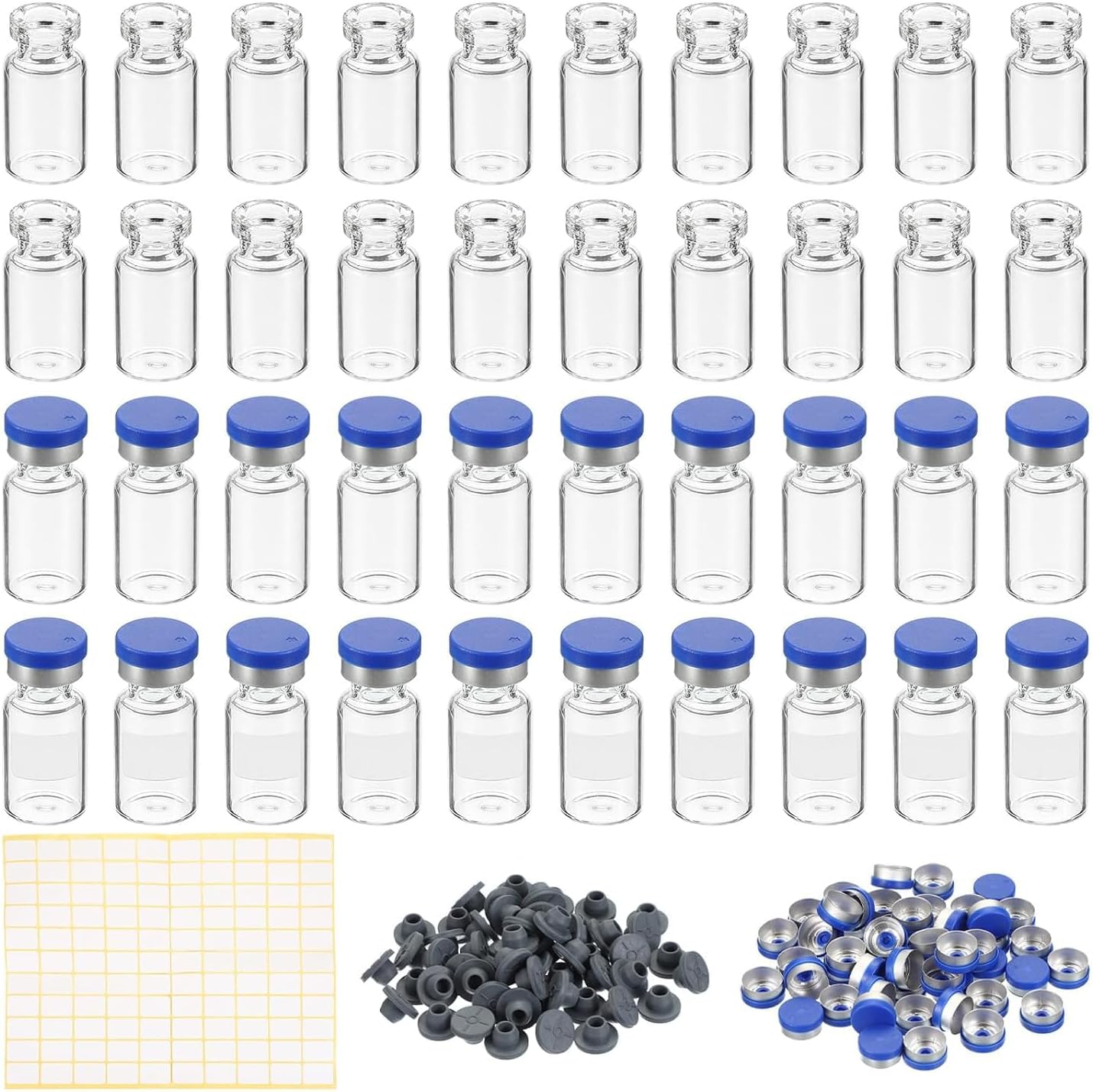 ブチルゴムストッパー クリンプトップキャップとラベル 2ml サンプルバイアル 100個 ラボ用空バイアル ホウケイ酸ガラスバイアル クリア