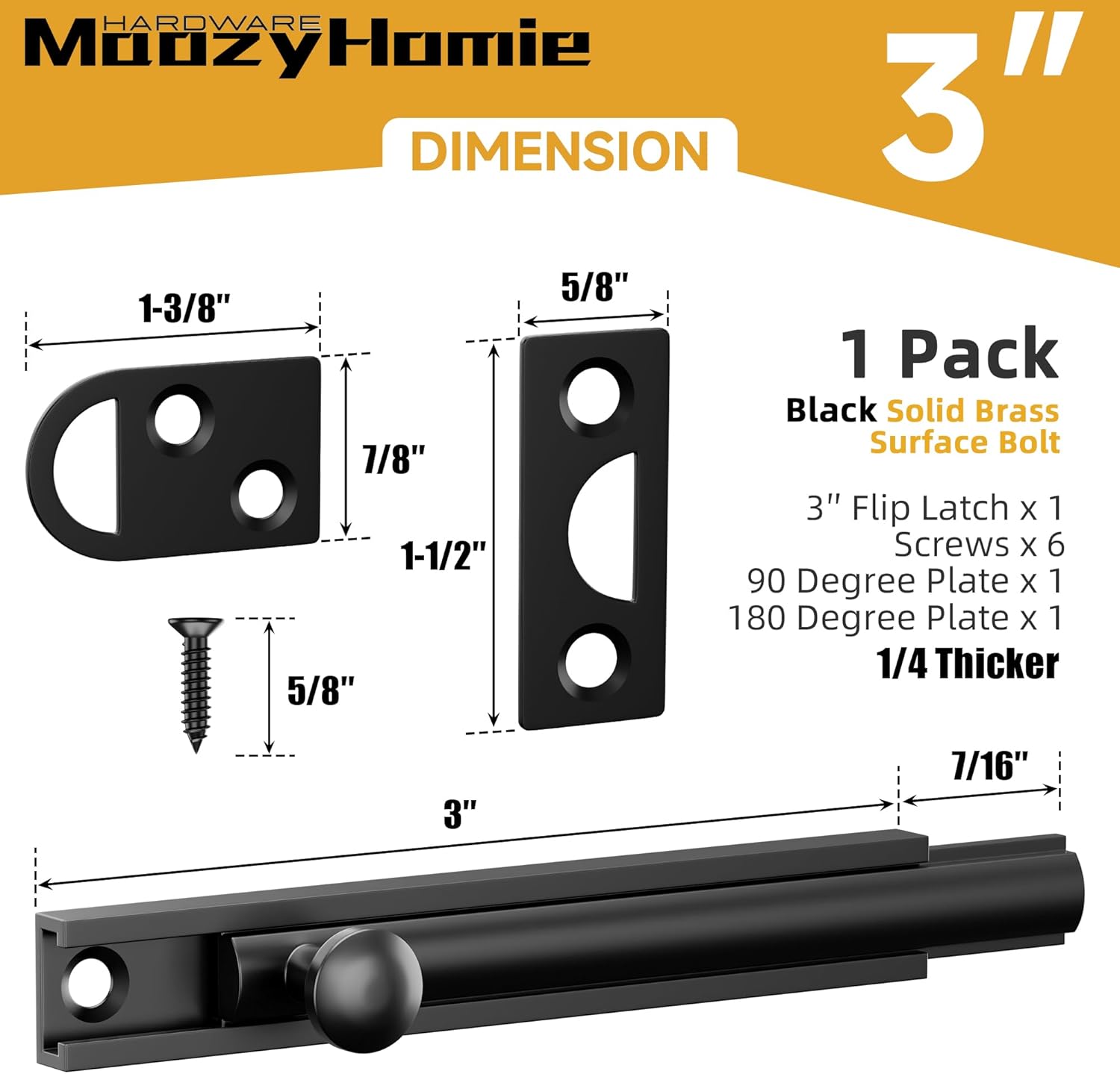 3 Inch Solid Brass Surface Bolt, Heavy Duty Concealed Slide Surface Door Bolt, Slide Bolt Latch French Door Lock with Screws for Windows Cabinet Wooden Fence Yard, Black, 1 Pack