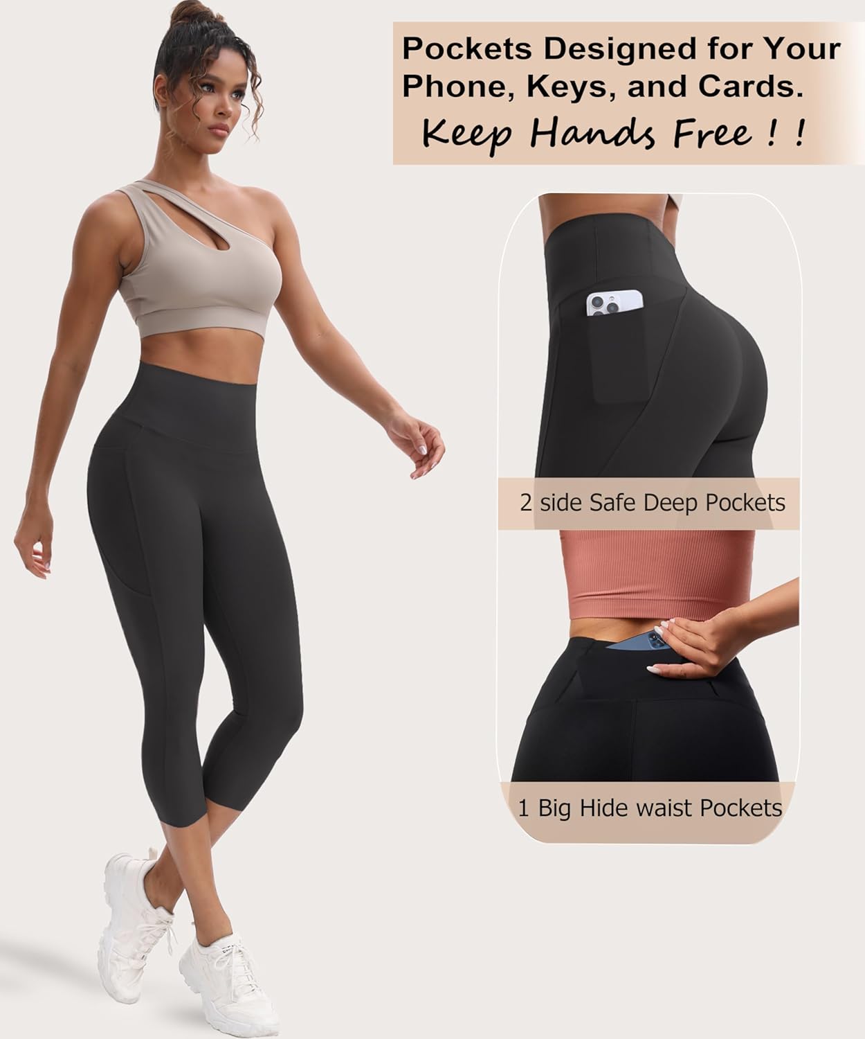Capri Leggings for Women with Pockets High Waisted Tummy Control Yoga Pants Gym Pants - Image 4