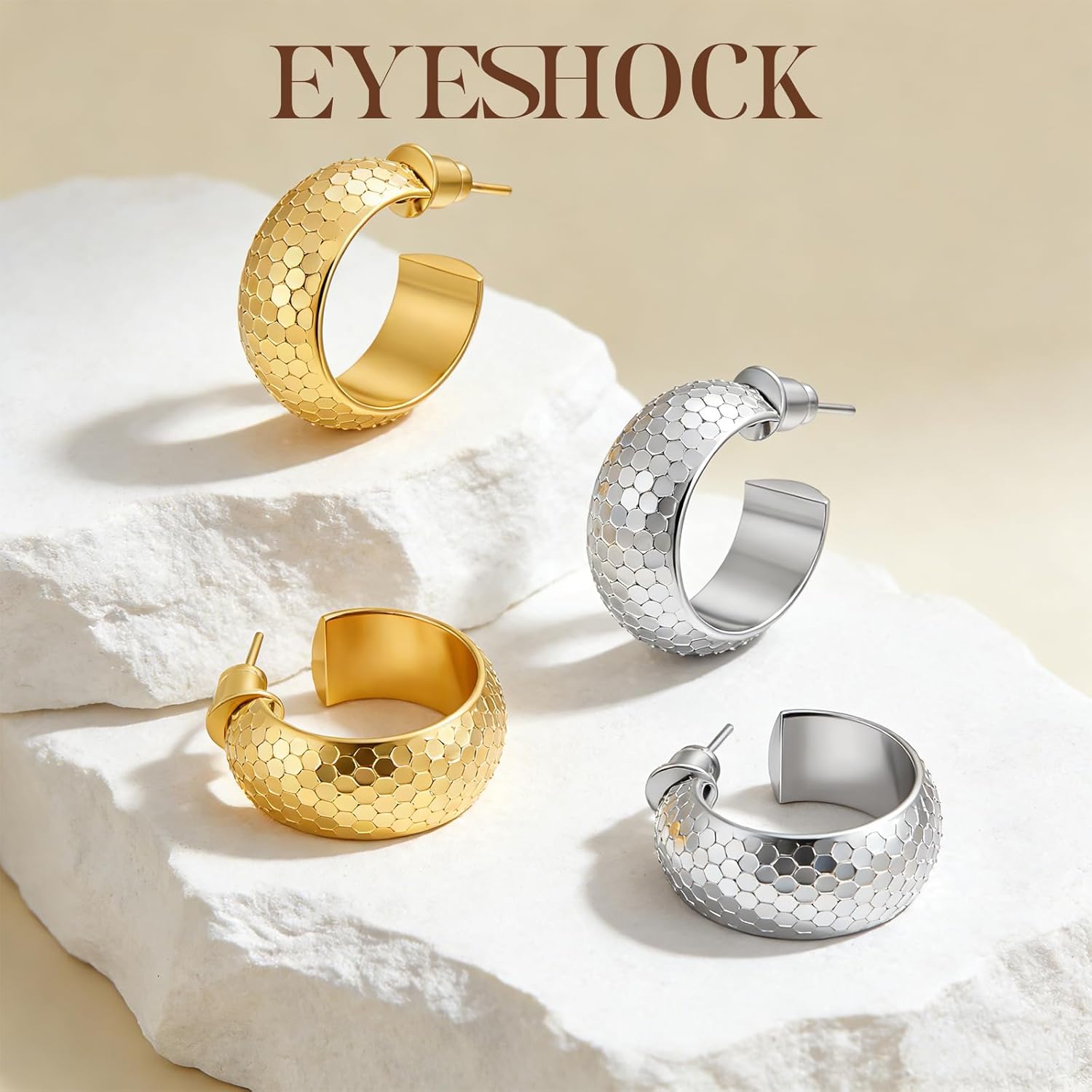 Small Hoop Earrings for Women Wide Half Huggie Hoops Chunky Hoop Earrings 18K Real Gold Plated 925 Sterling Silver Hammered Hypoallergenic Lightweight - Image 6