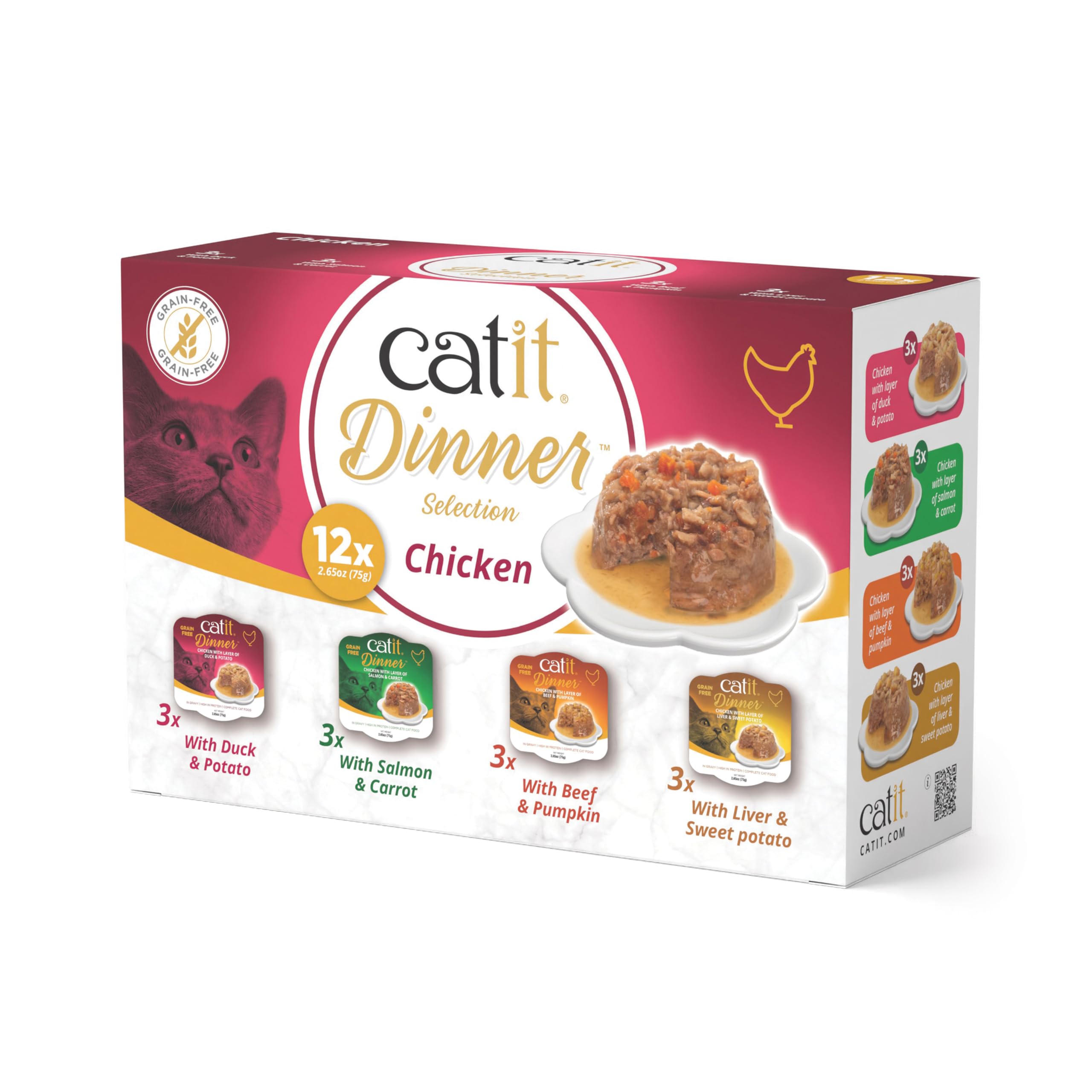 Catit Cuisine Dinner, Chicken Variety Pack Dual-Layered Terrine, Grain Free Wet Cat Food in Gravy, Real Meat Food for Adult Cats, 12 x 75g