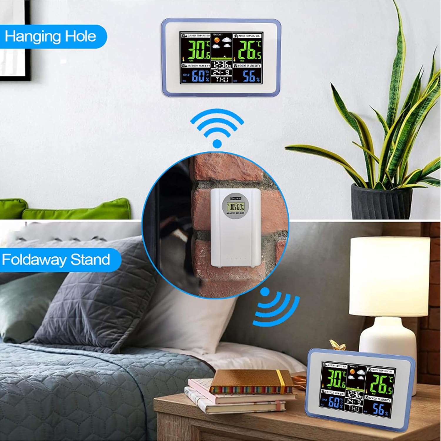 Color Screen Weather Monitor Clock - Indoor Outdoor Humidity Temp Detector, Multi-Language Alarm Clock & Forecast (Black+Brown 18.5 * 12.2 * 2.5cm)
