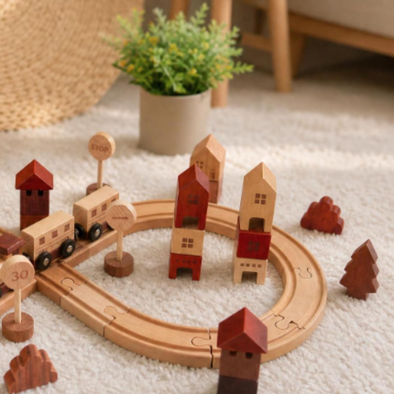 Almencla Kinder Bausteine Holz Eisenbahn Set Zug Spielzeug Strecke Zirkus Wagen Figuren Buchenholz für Vorschule Kinderparty Kinderzimmer Geschenk