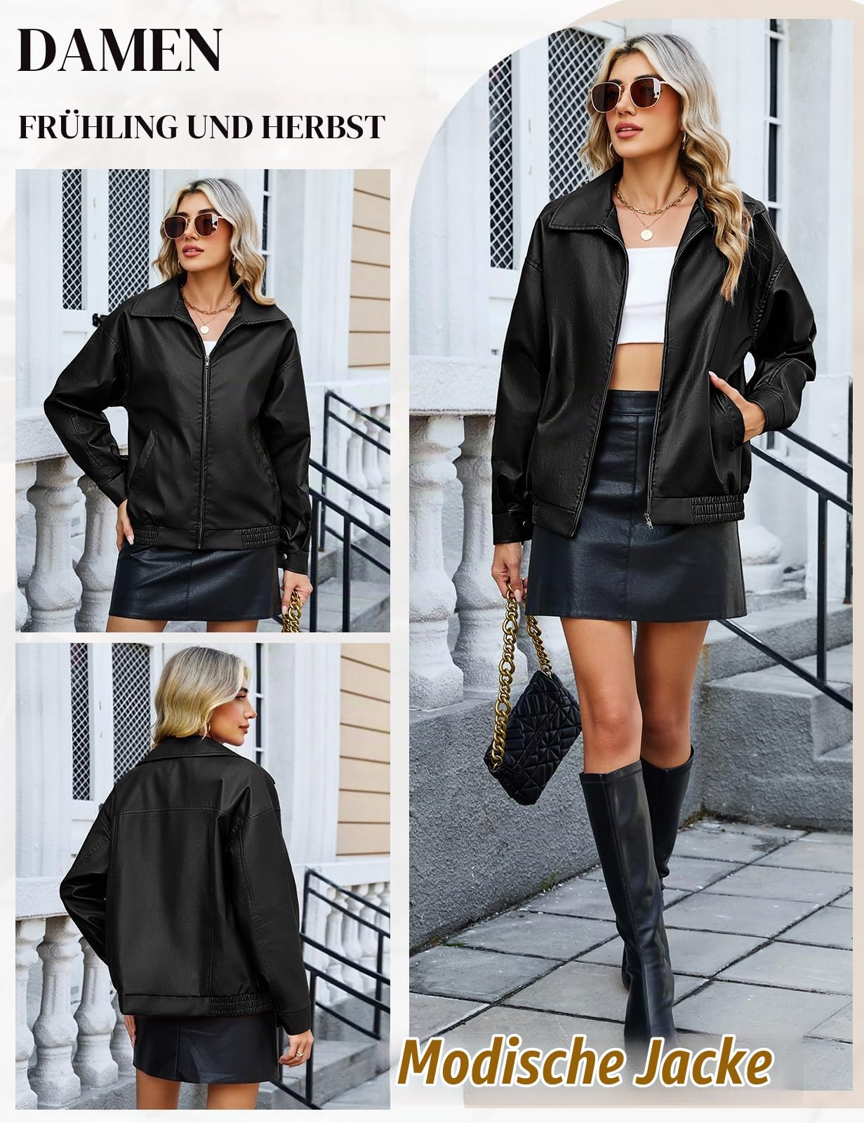 RITIOSA Lederjacke Damen Mode Kunstlederjacke Lässige Übergangsjacke Herbst Frühjahr Motorradjacke Bomberjacke Moto Biker Jacke Kurze Mantel mit Reißverschluss für Freizeit Outdoor