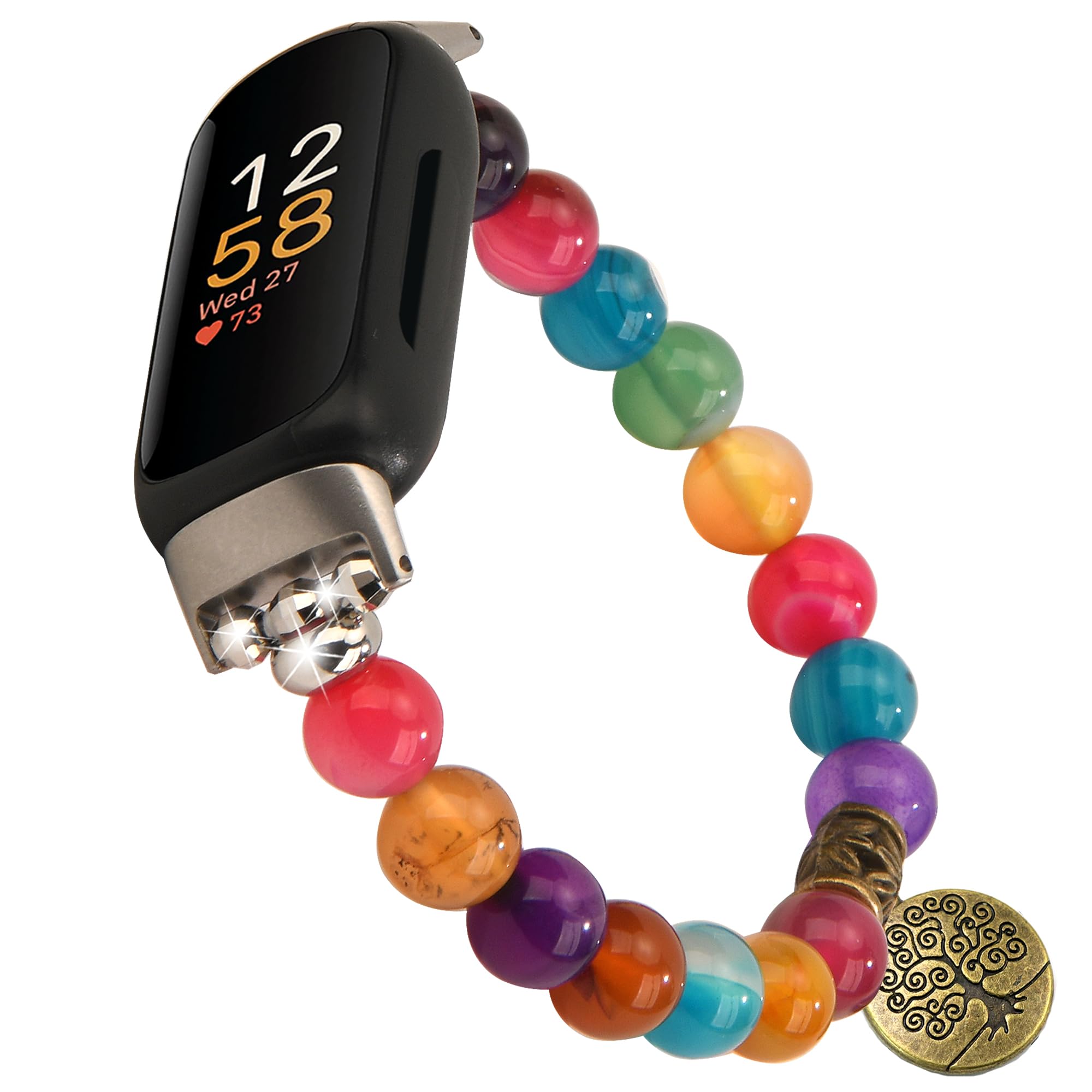 Wongeto Compatible with Fitbit inspire 3 Band Natural Gemstone Beaded Handmade Elastic Stretch Bracelet Tree of Life for fitbit insprie 3 Women Girls (Color Agate) — image 1