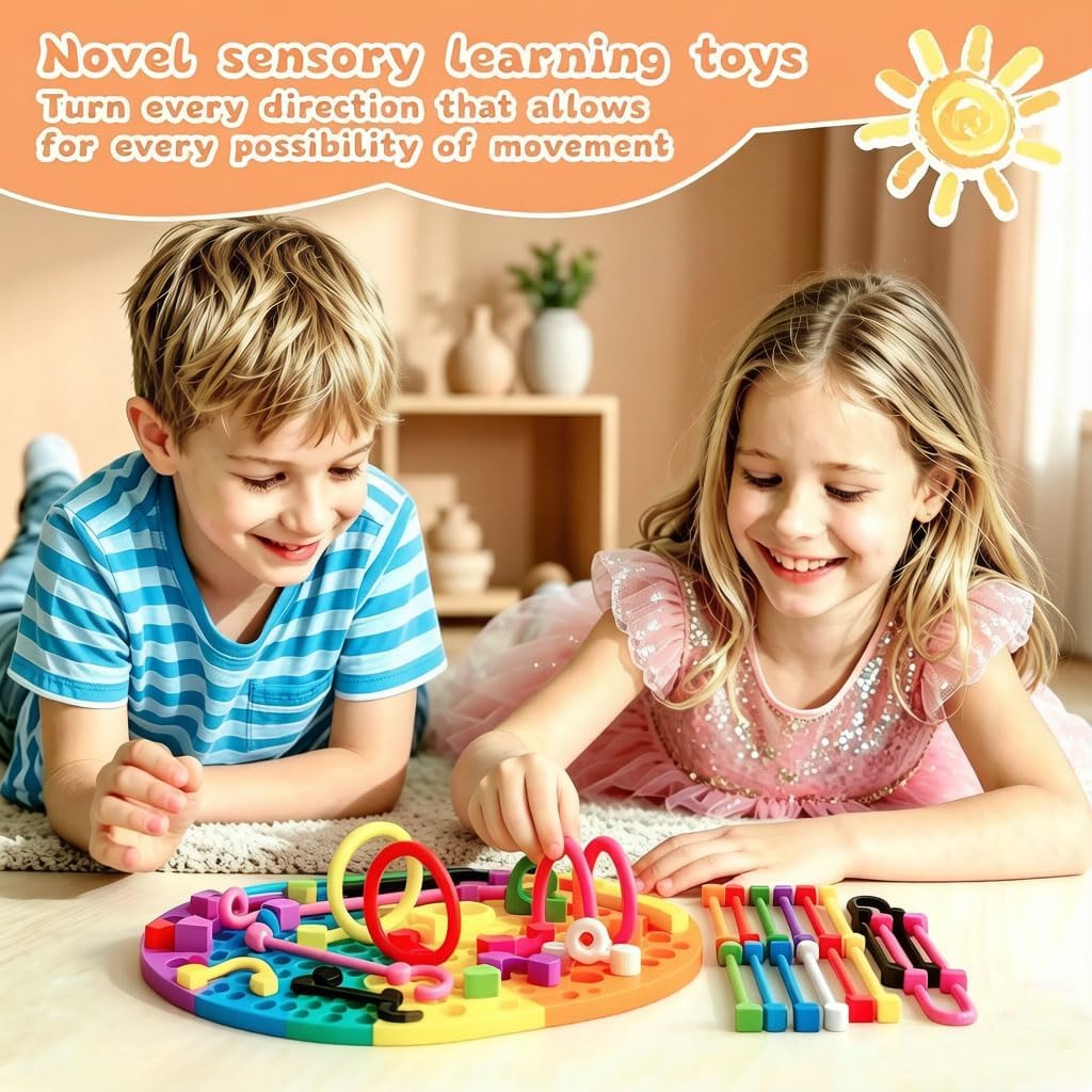 Round Sensory Activity Board, Sensory Toys for Kids with Autism, Stress Relief Silicone Quiet Fidget Toy for Toddlers Kids Adults, ADHD Autism Sensory Toys | Includes Portable Travel Bag & 12 Strings