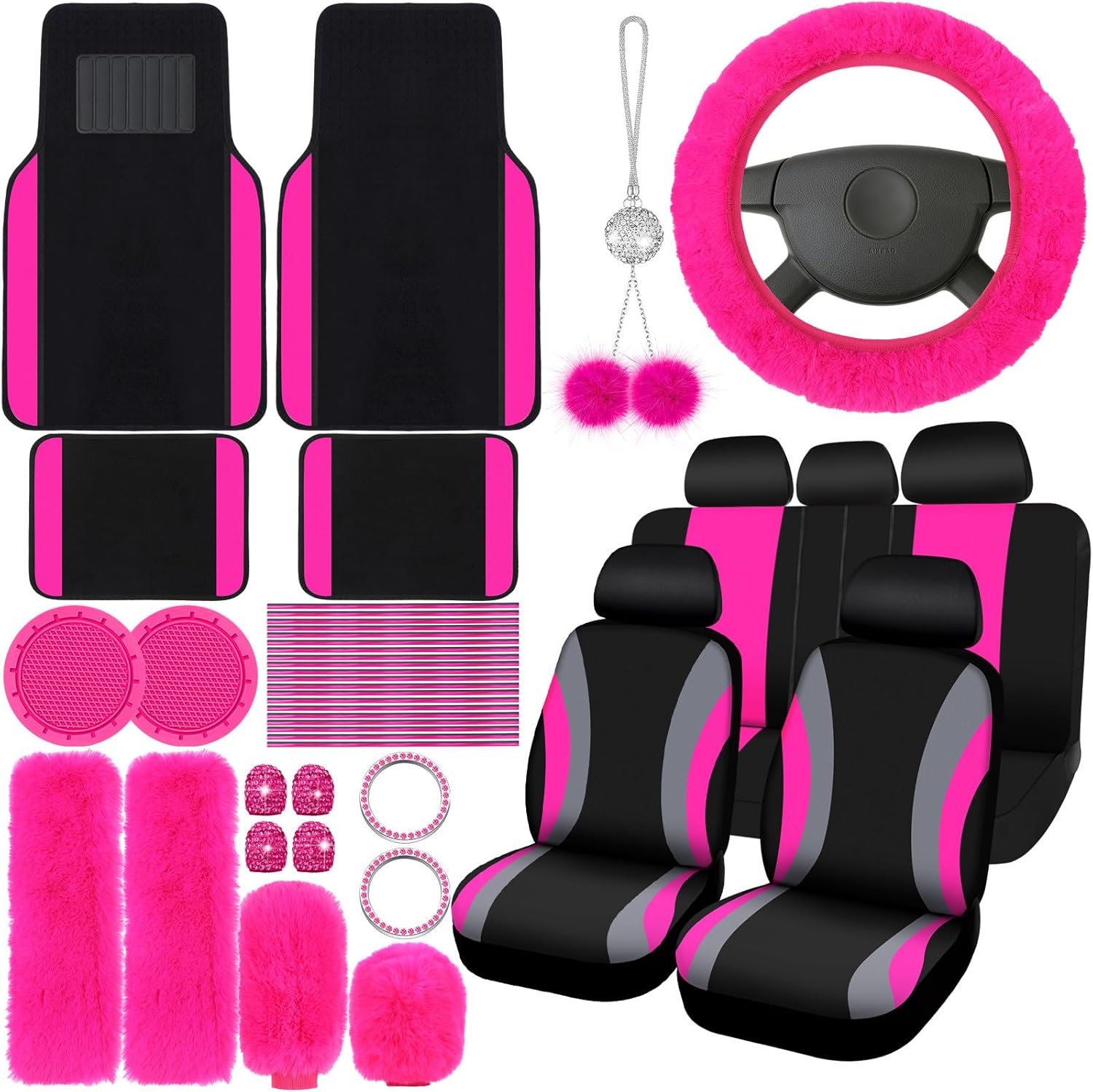 ROCEEI 47 Pcs Car Seat Cover Full Set Car Accessories for Front Rear Seat Fluffy Steering Wheel Cover Belt Automotive Floor Mats Air Conditioner Decoration Strip (Rose Pink)