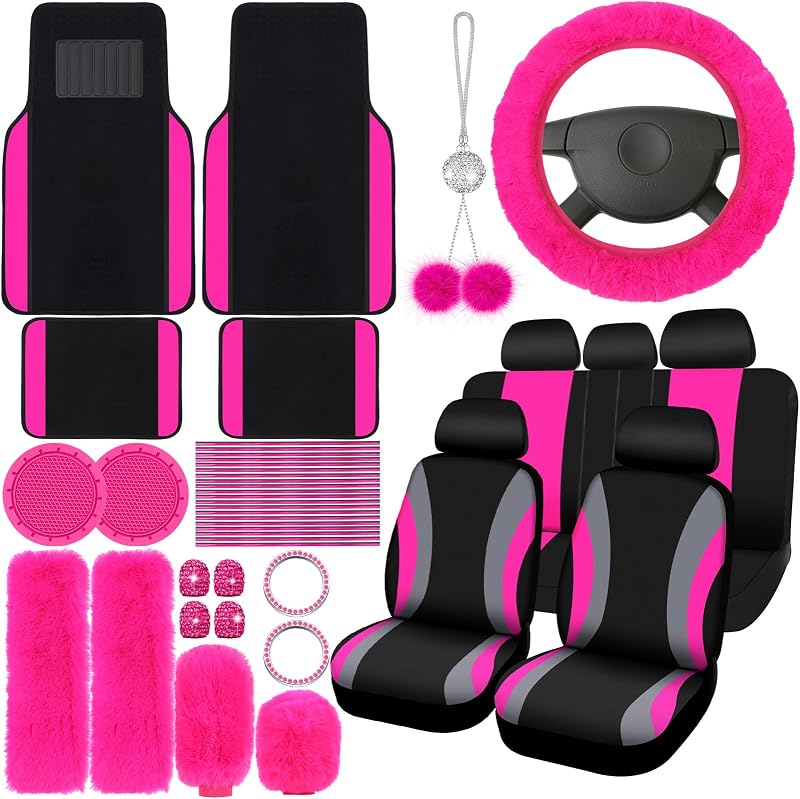 ROCEEI 47 Pcs Car Seat Cover Full Set Car Accessories, Rose Pink