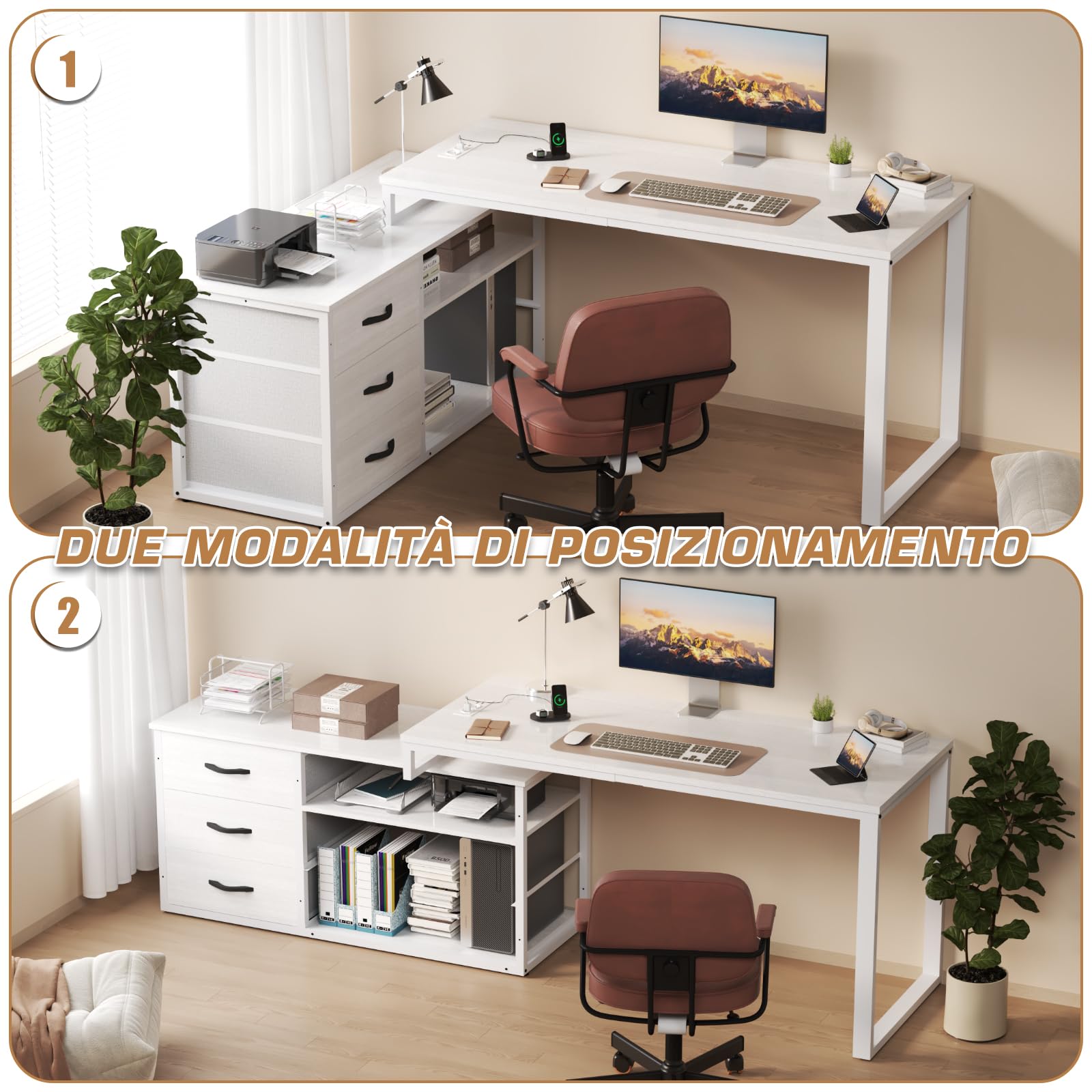 TRIUMPHKEY Scrivania Angolo per Computer 140x105x75cm, Forma di L Con 3 Cassetti, 2 Porte USB e 2 Prese di Corrente, per Casa Ufficio, Bianco