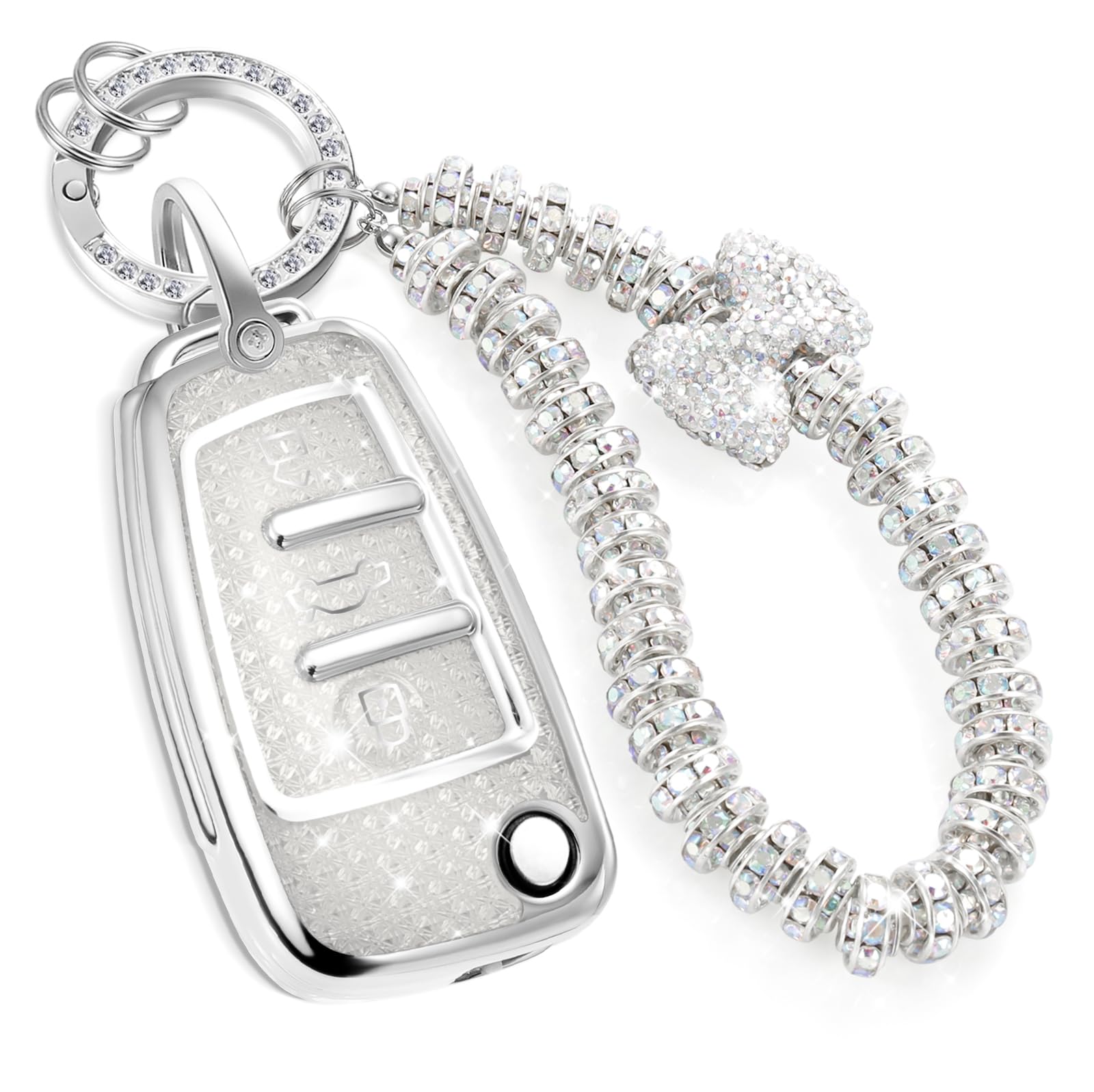 Key Fob Cover for Audi, Rhinestone Wristlet Keychain Case, White
